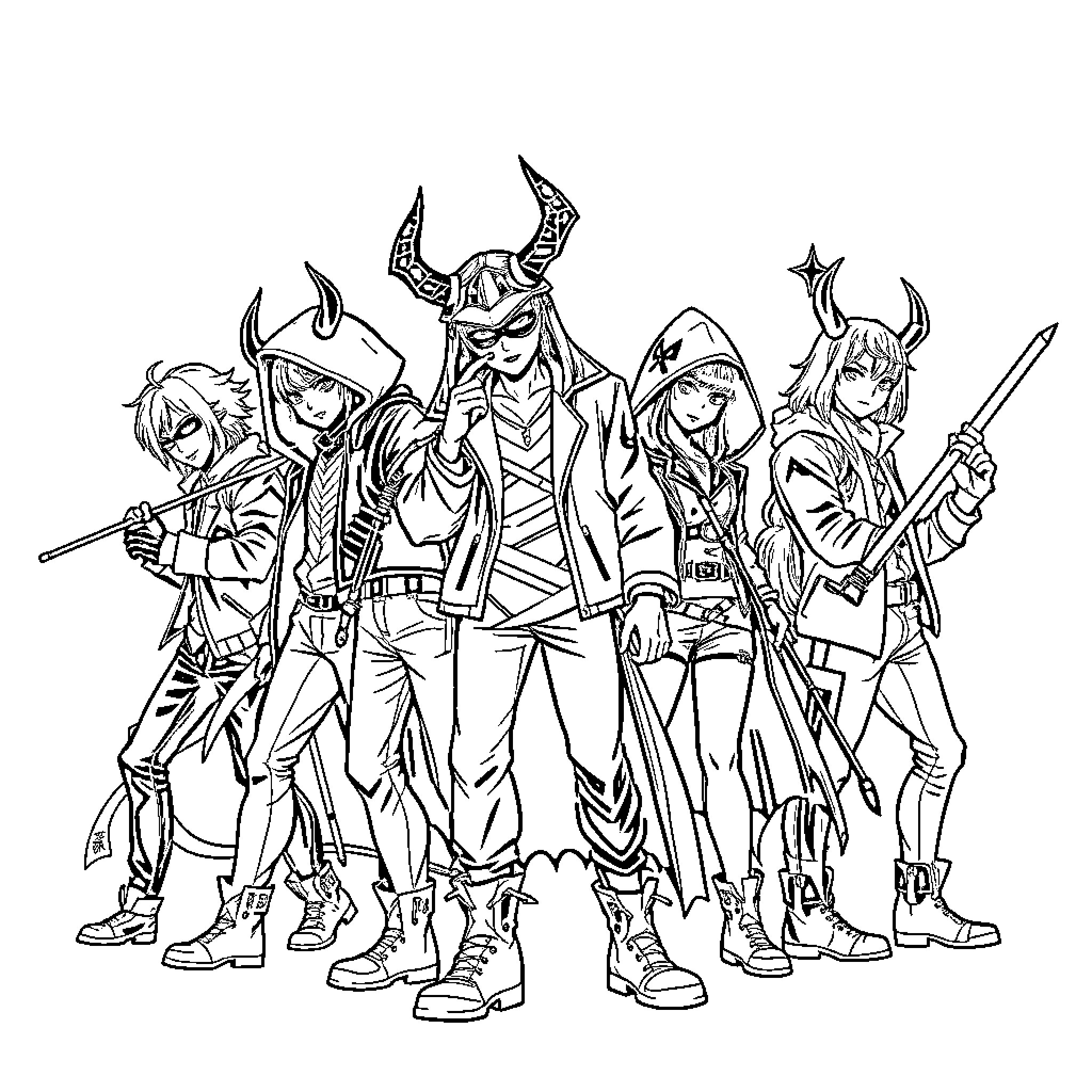 Kpop Demon Hunters in Action Coloring Page (free black-and-white line drawing printable PDF for all, from beginners to advanced learners, including children, teens, adults, and seniors)