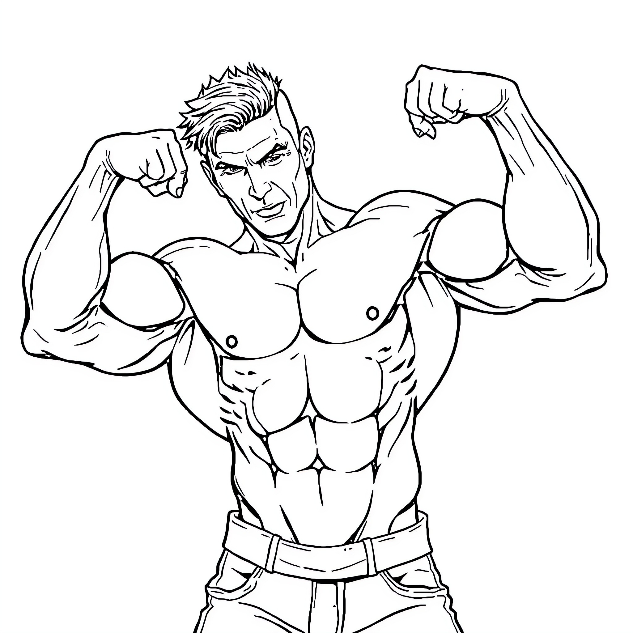 Muscle man flexing and showing off his strength Coloring Page (free black-and-white line drawing printable PDF for all, from beginners to advanced learners, including children, teens, adults, and seniors)
