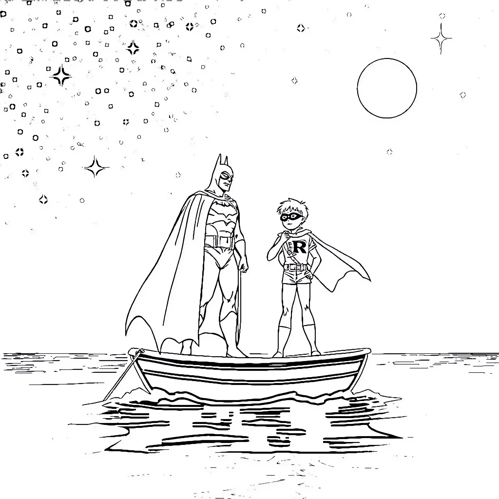Batman and Robin sailing in a boat under the night sky Coloring Page (free black-and-white line drawing printable PDF for all, from beginners to advanced learners, including children, teens, adults, and seniors)