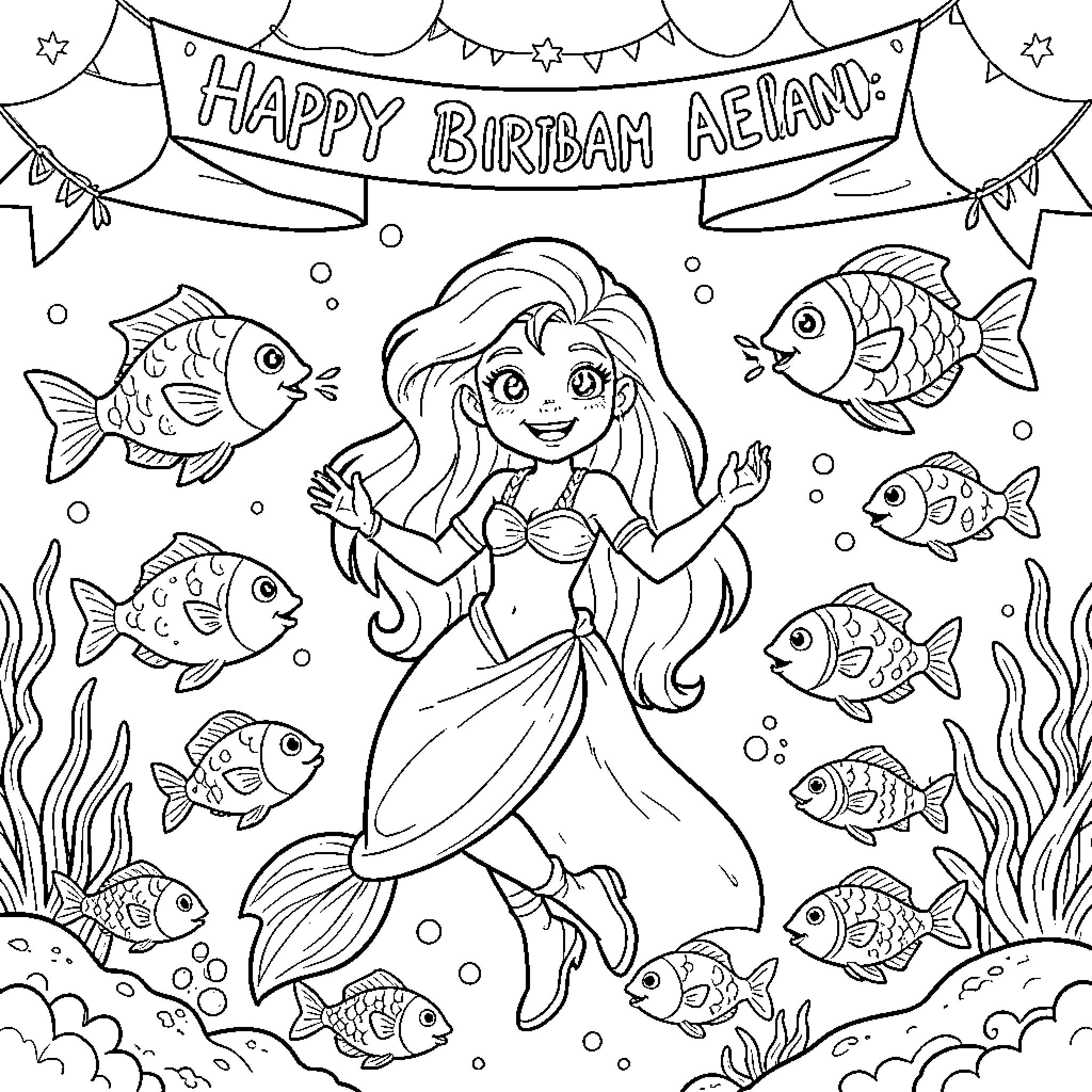 Mermaid celebrating happily surrounded by swimming fish Coloring Page (free black-and-white line drawing printable PDF for all, from beginners to advanced learners, including children, teens, adults, and seniors)