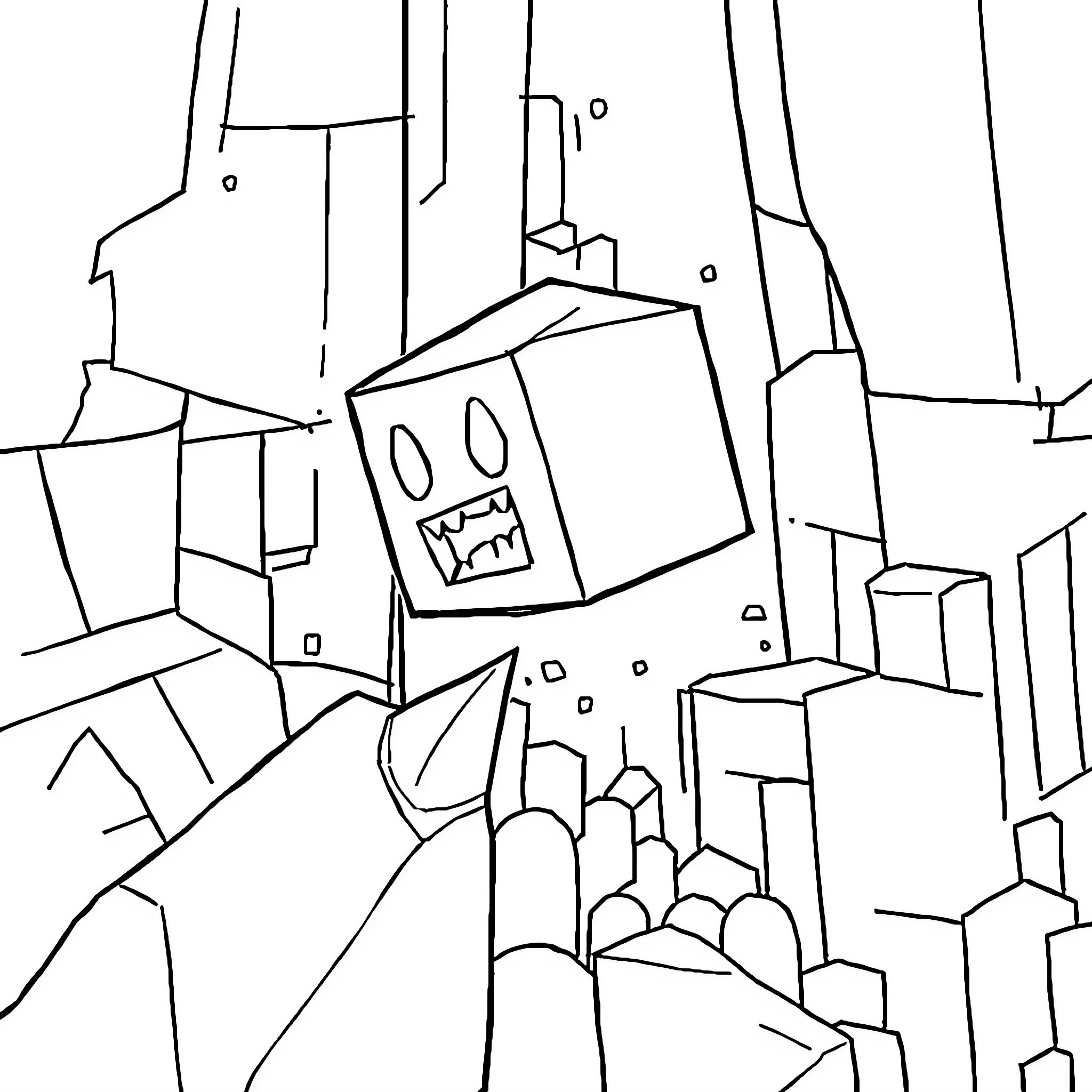 Cube Characters Exploring Surreal Geometric Landscape Coloring Page (free black-and-white line drawing printable PDF for all, from beginners to advanced learners, including children, teens, adults, and seniors)