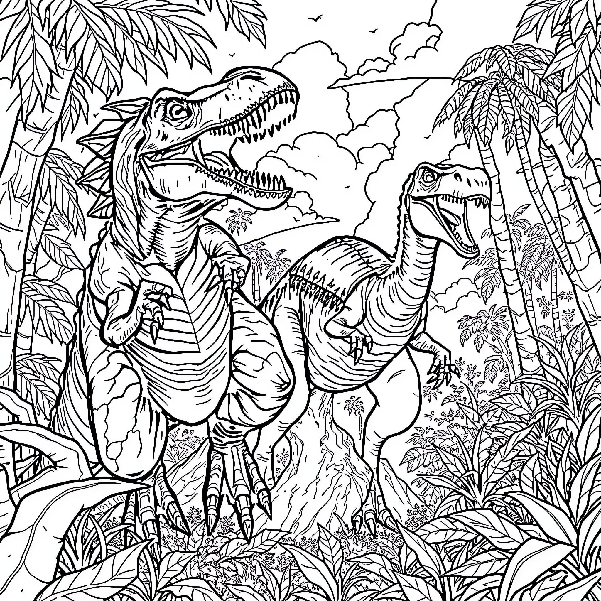 Raptor Dinosaurs Ferociously Roaming Prehistoric Jungle Coloring Page (free black-and-white line drawing printable PDF for all, from beginners to advanced learners, including children, teens, adults, and seniors)