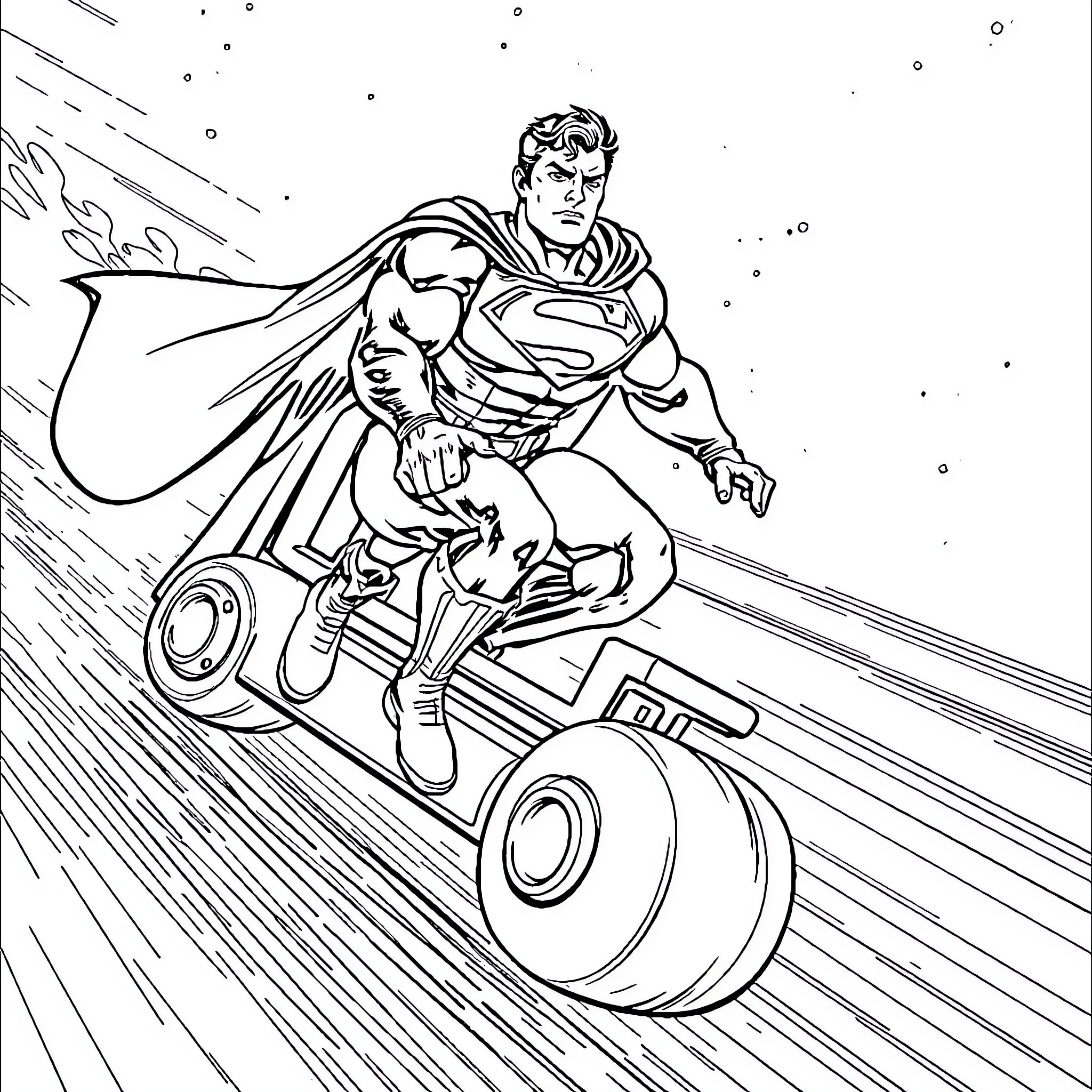 Superman speeding through the sky on a floating vehicle Coloring Page (free black-and-white line drawing printable PDF for all, from beginners to advanced learners, including children, teens, adults, and seniors)