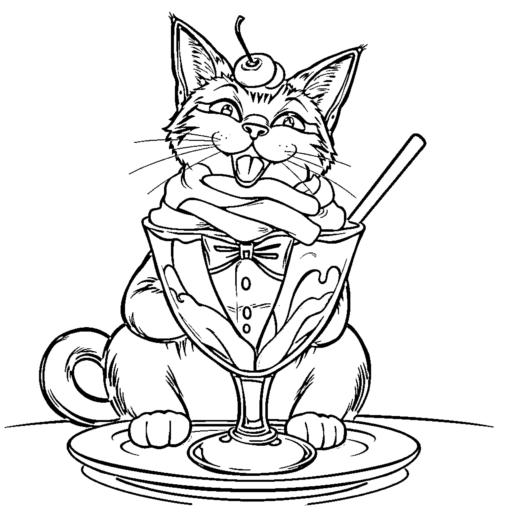 Cat enjoying a fancy drink in a glass Coloring Page (free black-and-white line drawing printable PDF for all, from beginners to advanced learners, including children, teens, adults, and seniors)
