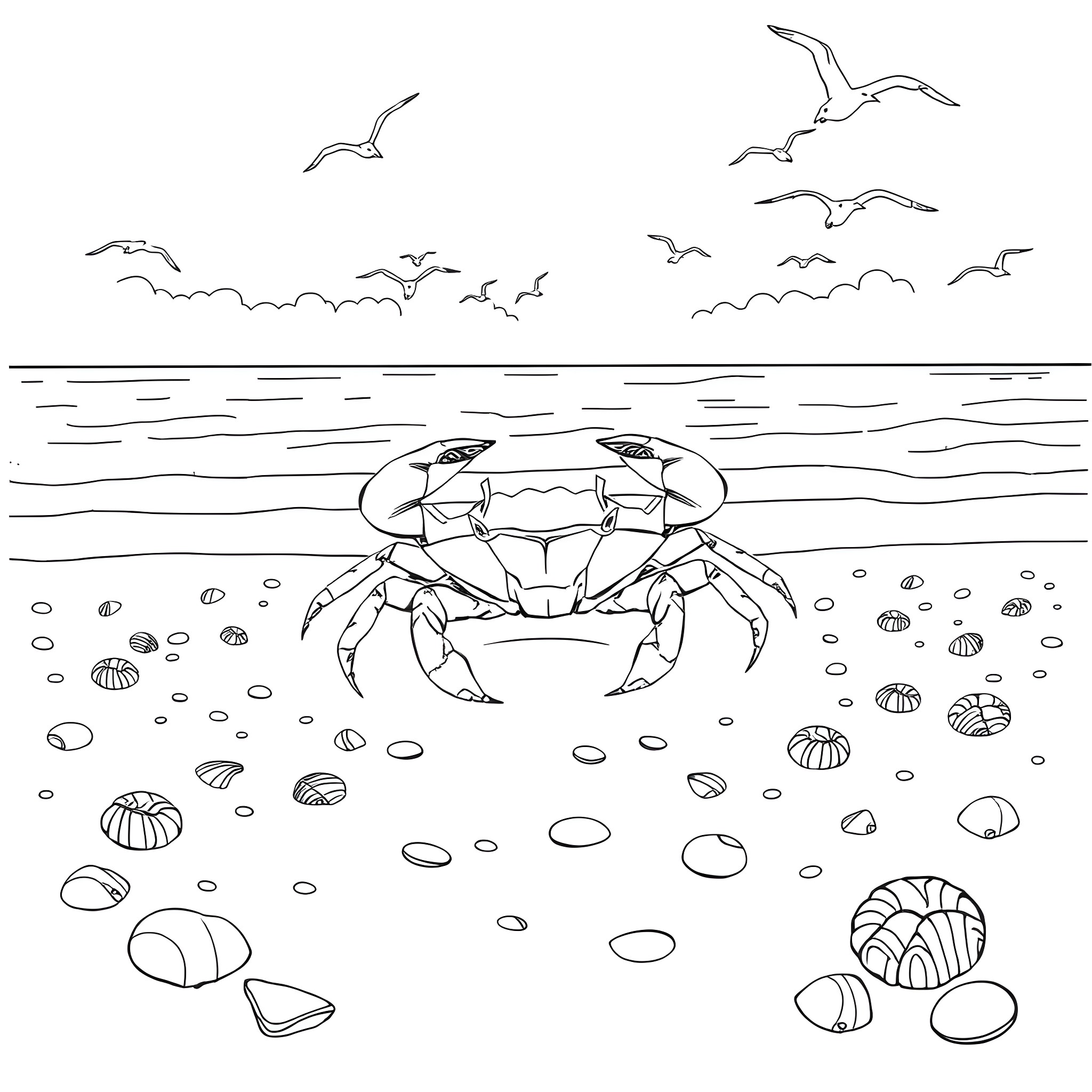 Crab scuttling on the beach with seabirds overhead Coloring Page (free black-and-white line drawing printable PDF for all, from beginners to advanced learners, including children, teens, adults, and seniors)