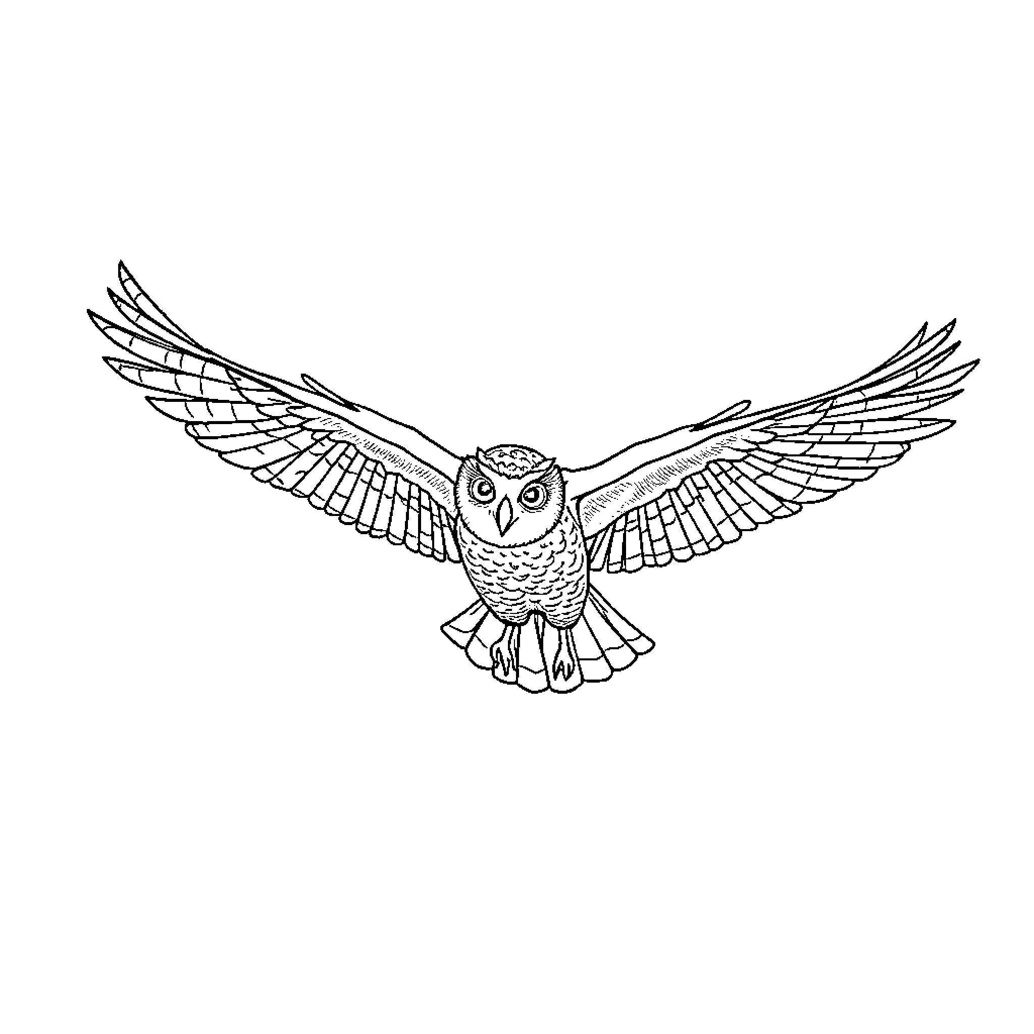 Owl soaring with outstretched wings Coloring Page (free black-and-white line drawing printable PDF for all, from beginners to advanced learners, including children, teens, adults, and seniors)