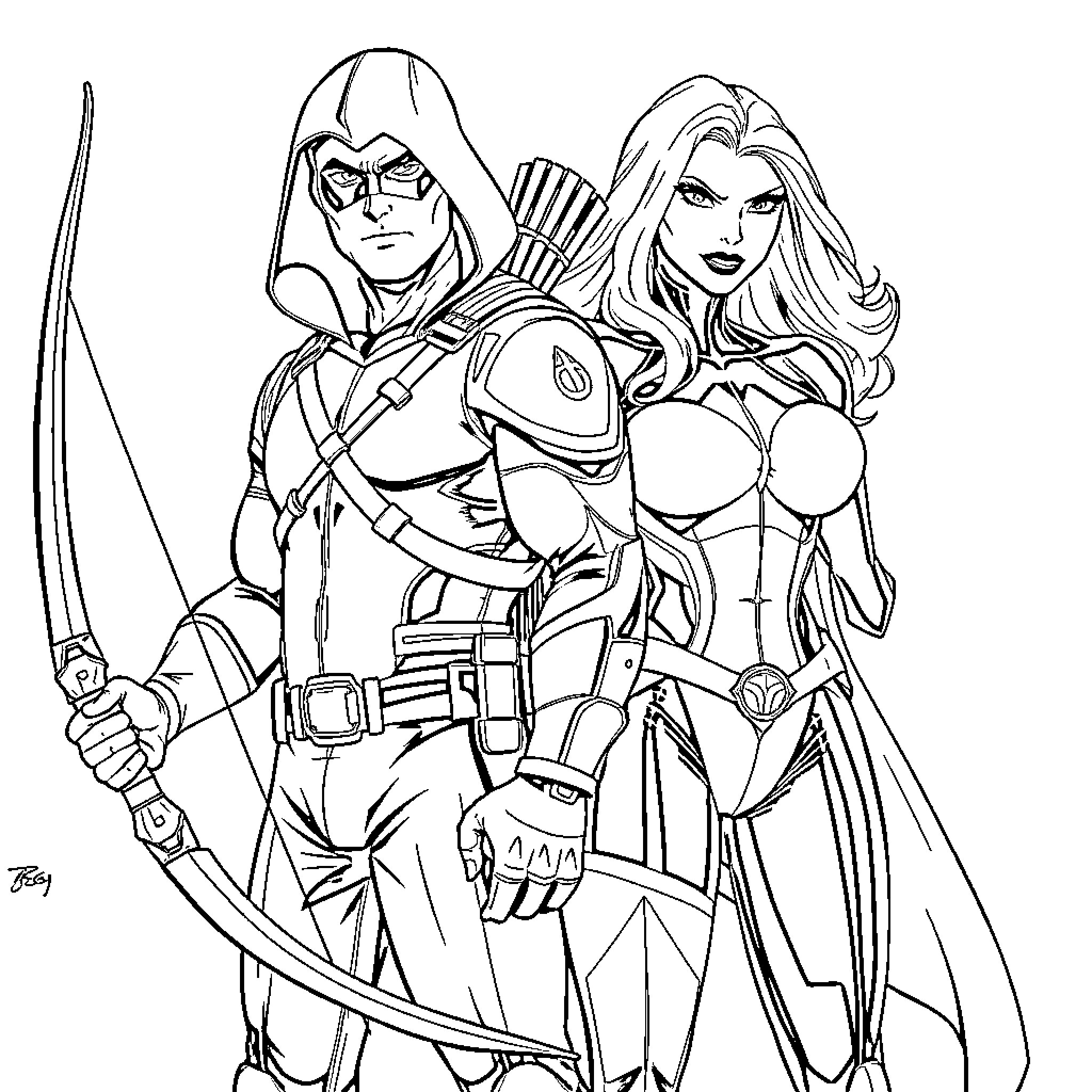 Green Arrow and Female Archer in Action Poses Coloring Page (free black-and-white line drawing printable PDF for all, from beginners to advanced learners, including children, teens, adults, and seniors)