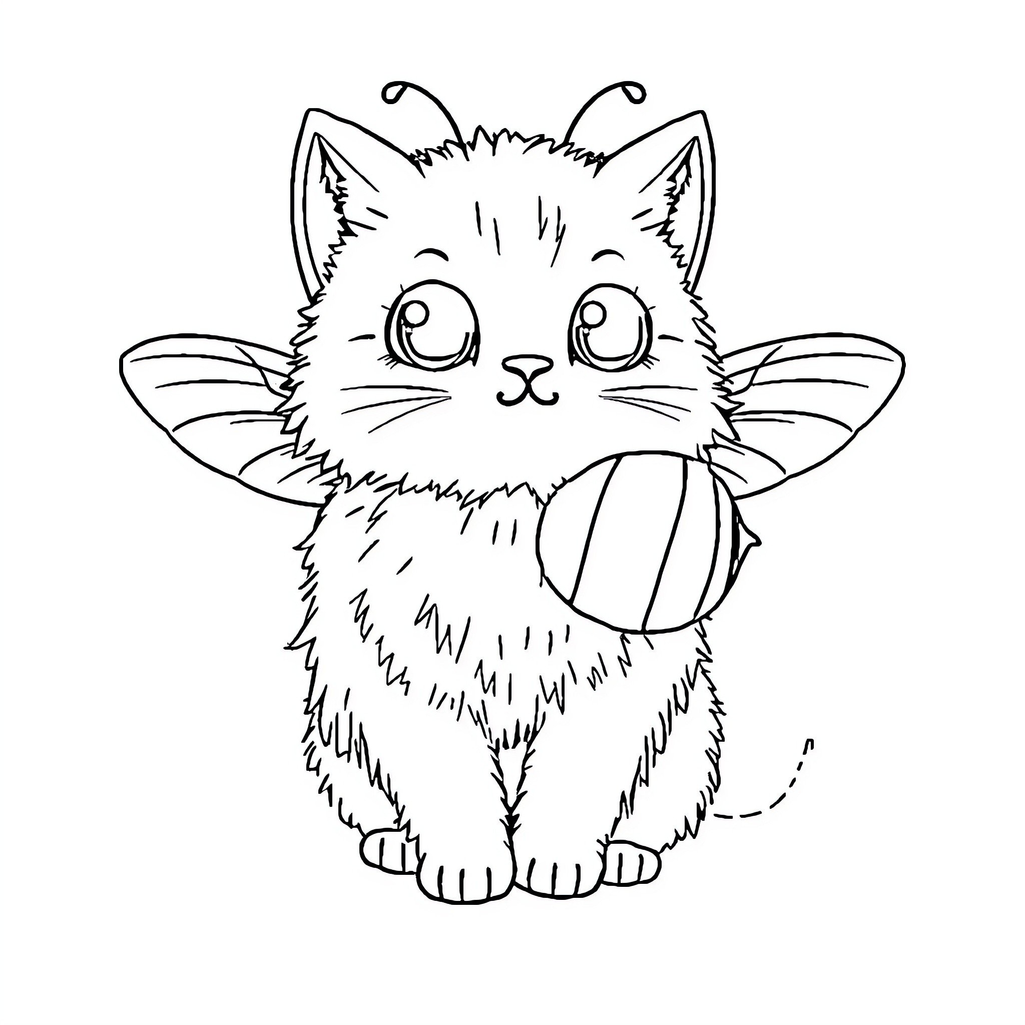 Bee Cat playing with ball of yarn Coloring Page (free black-and-white line drawing printable PDF for all, from beginners to advanced learners, including children, teens, adults, and seniors)