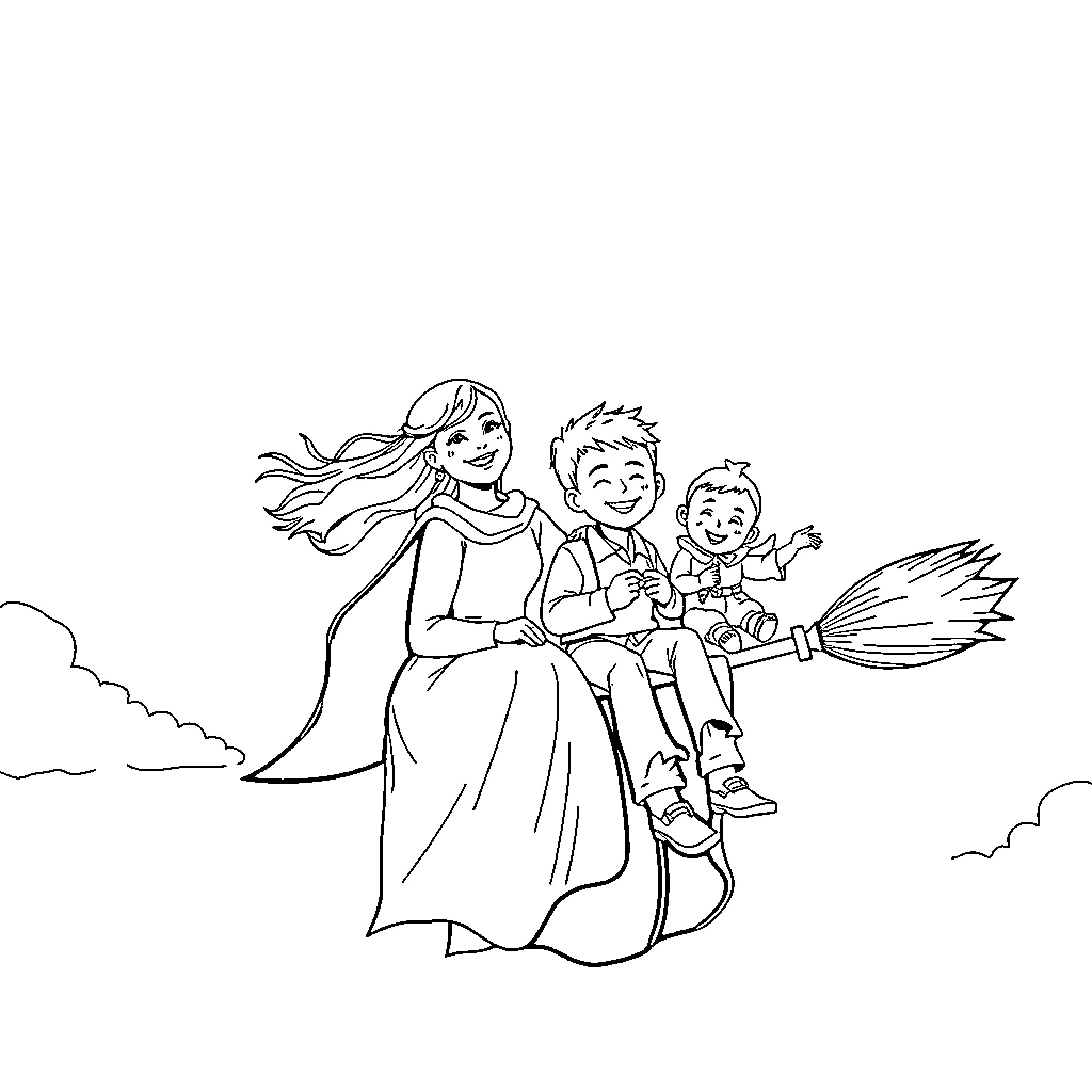 Broomstick ride with a family of wizards Coloring Page (free black-and-white line drawing printable PDF for all, from beginners to advanced learners, including children, teens, adults, and seniors)