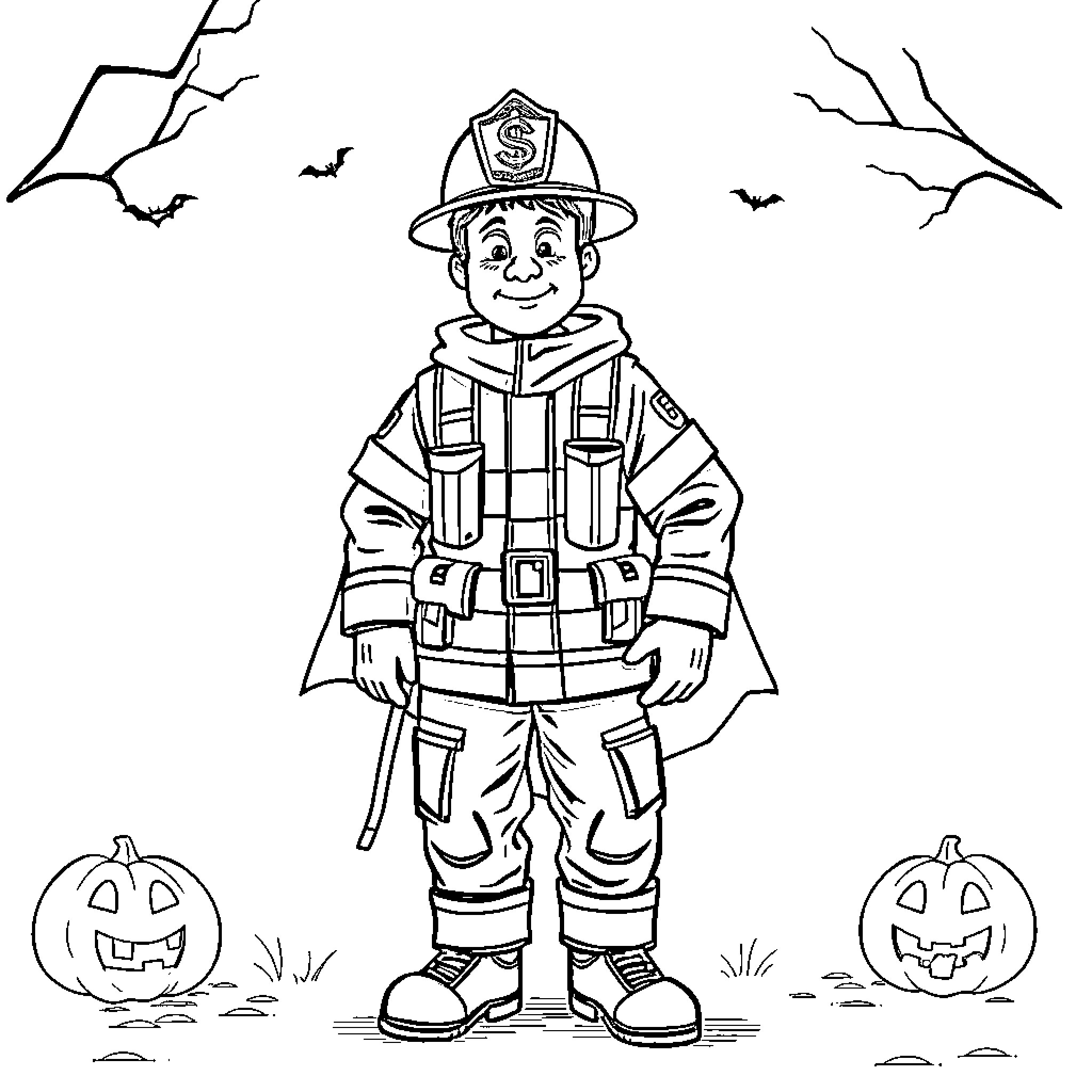Fireman in protective gear standing near pumpkins Coloring Page (free black-and-white line drawing printable PDF for all, from beginners to advanced learners, including children, teens, adults, and seniors)