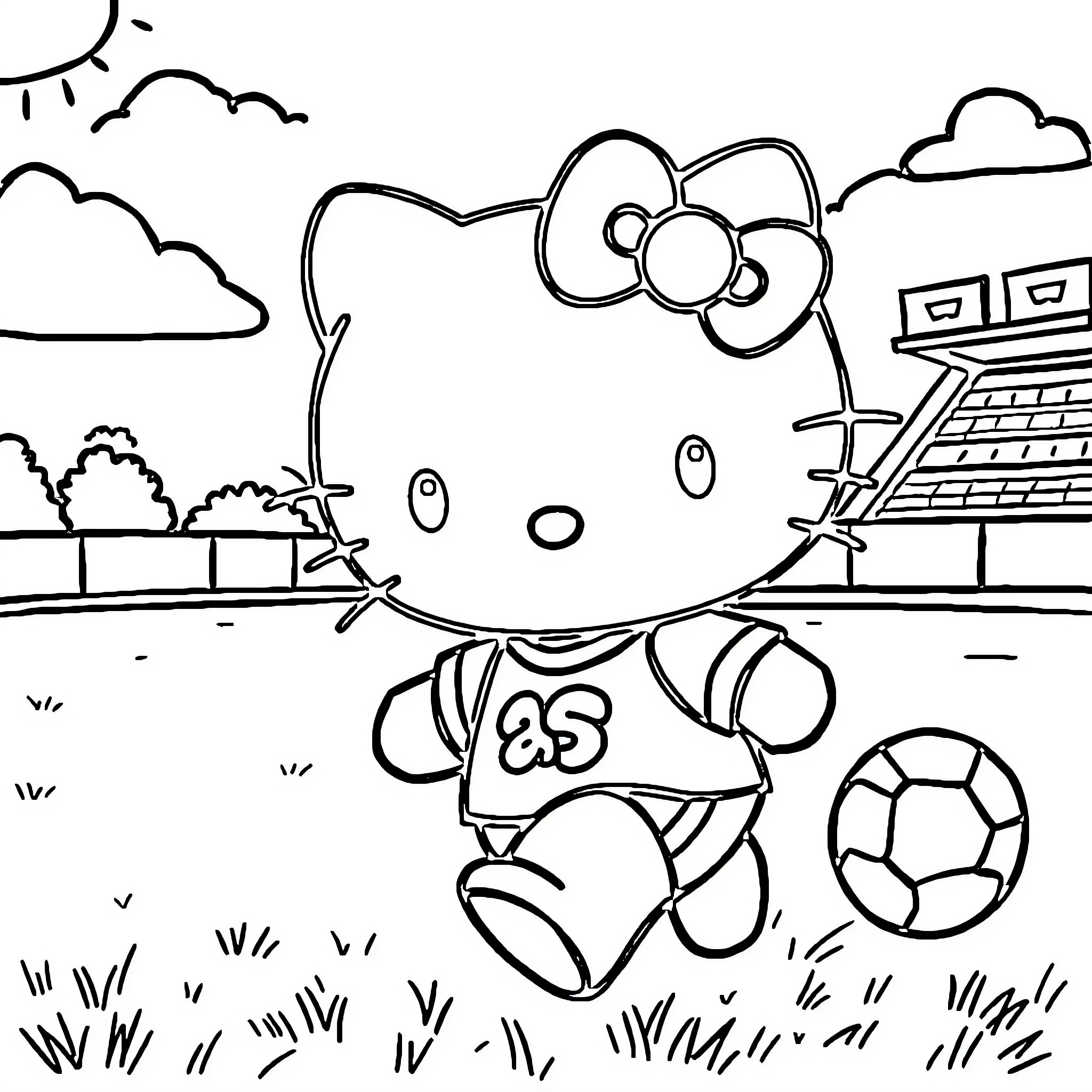 Hello Kitty playing with a soccer ball in the park Coloring Page (free black-and-white line drawing printable PDF for all, from beginners to advanced learners, including children, teens, adults, and seniors)