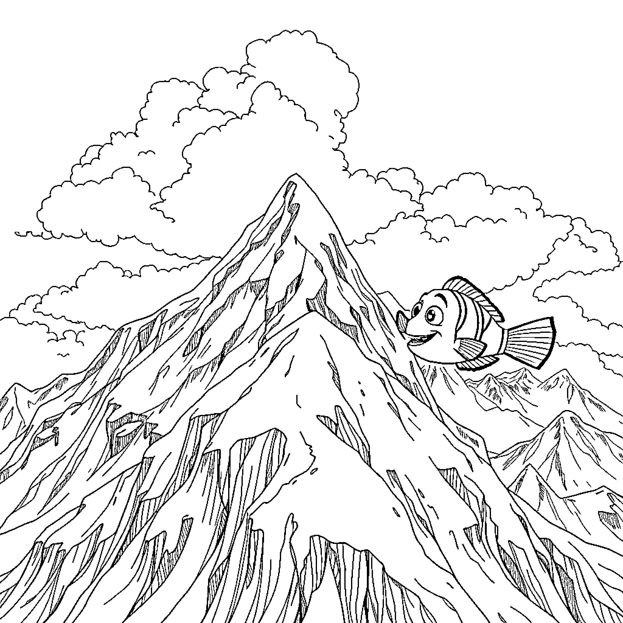 Nemo exploring the majestic mountain landscape Coloring Page (free black-and-white line drawing printable PDF for all, from beginners to advanced learners, including children, teens, adults, and seniors)