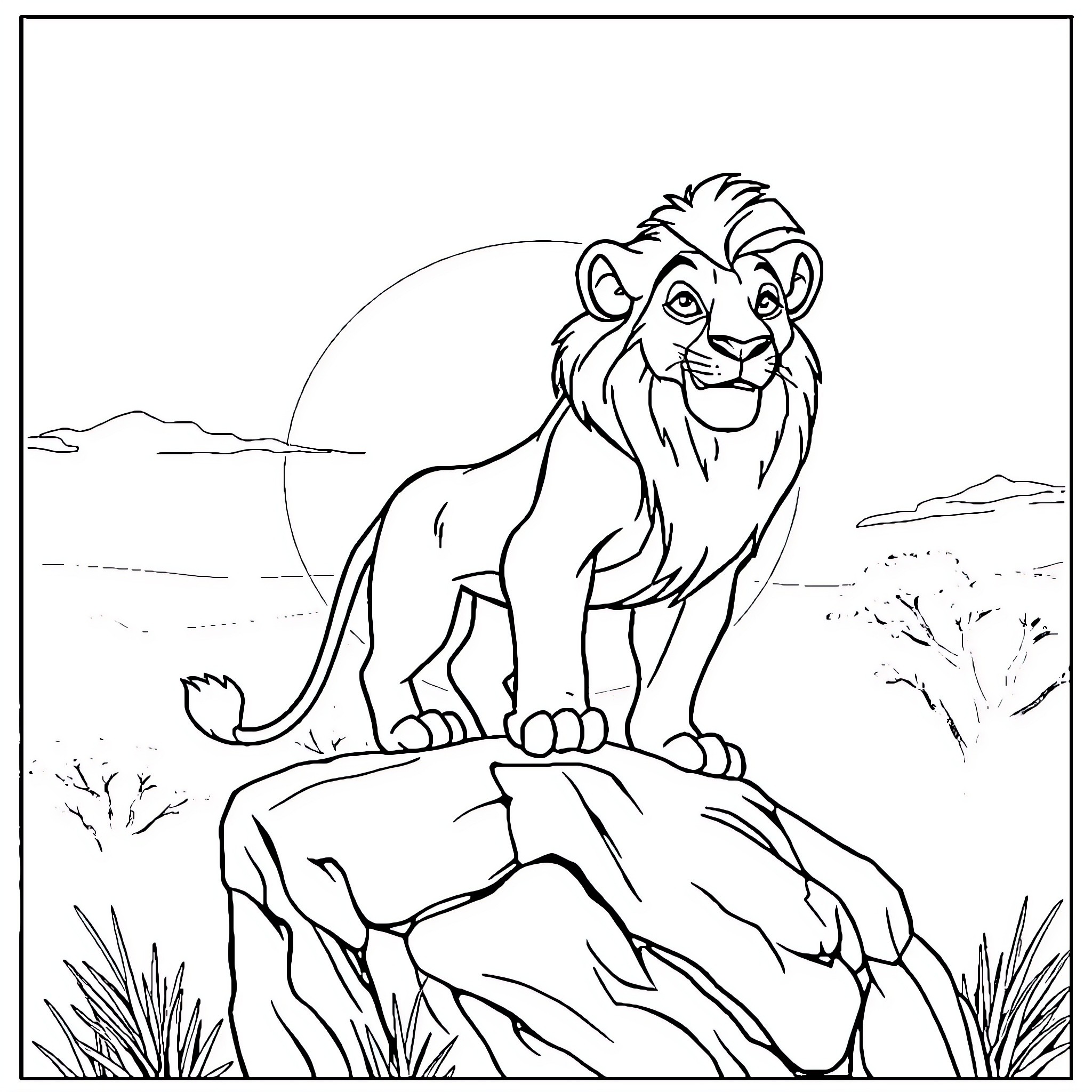 Simba the lion cub on the savanna Coloring Page (free black-and-white line drawing printable PDF for all, from beginners to advanced learners, including children, teens, adults, and seniors)