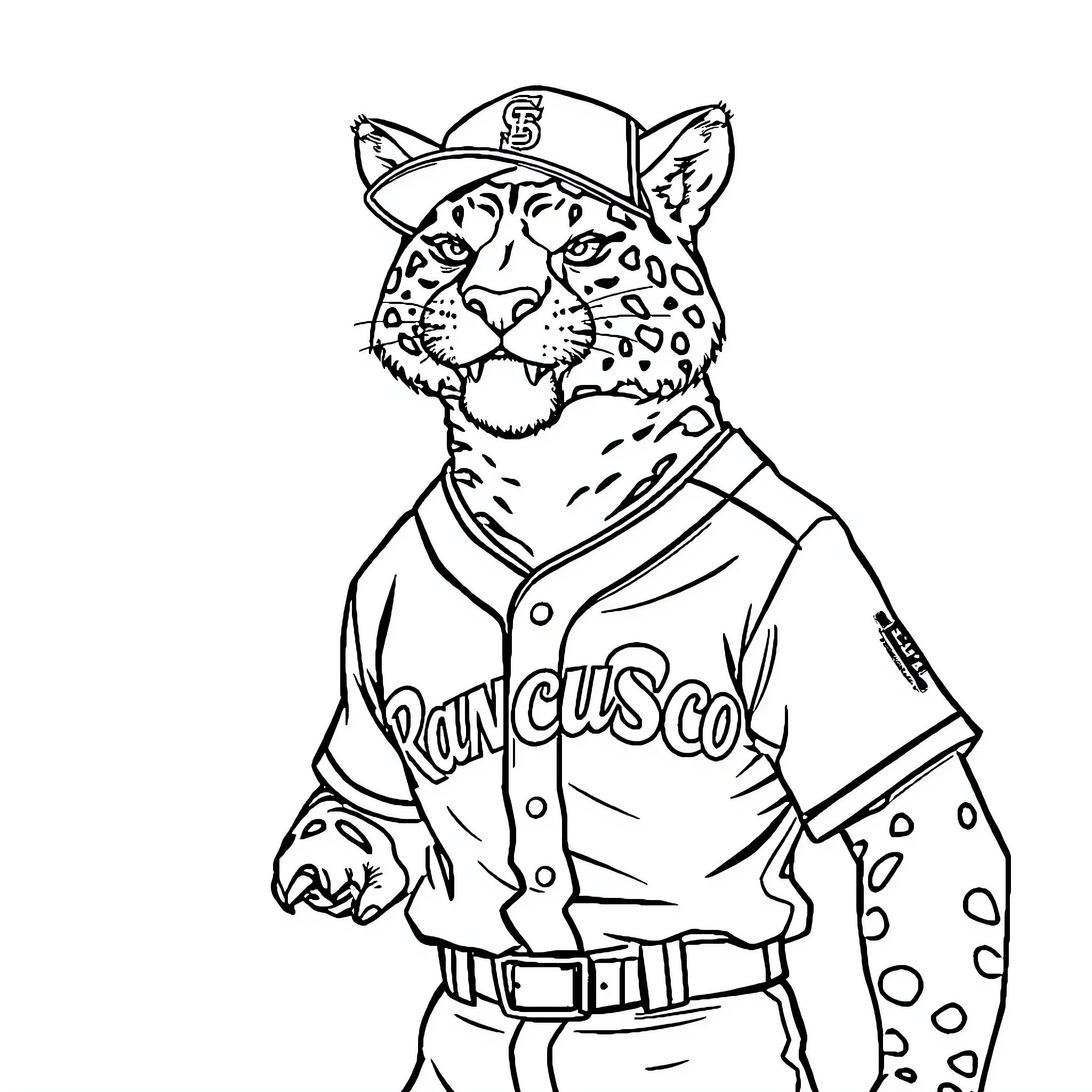 Panther baseball player in uniform Coloring Page (free black-and-white line drawing printable PDF for all, from beginners to advanced learners, including children, teens, adults, and seniors)