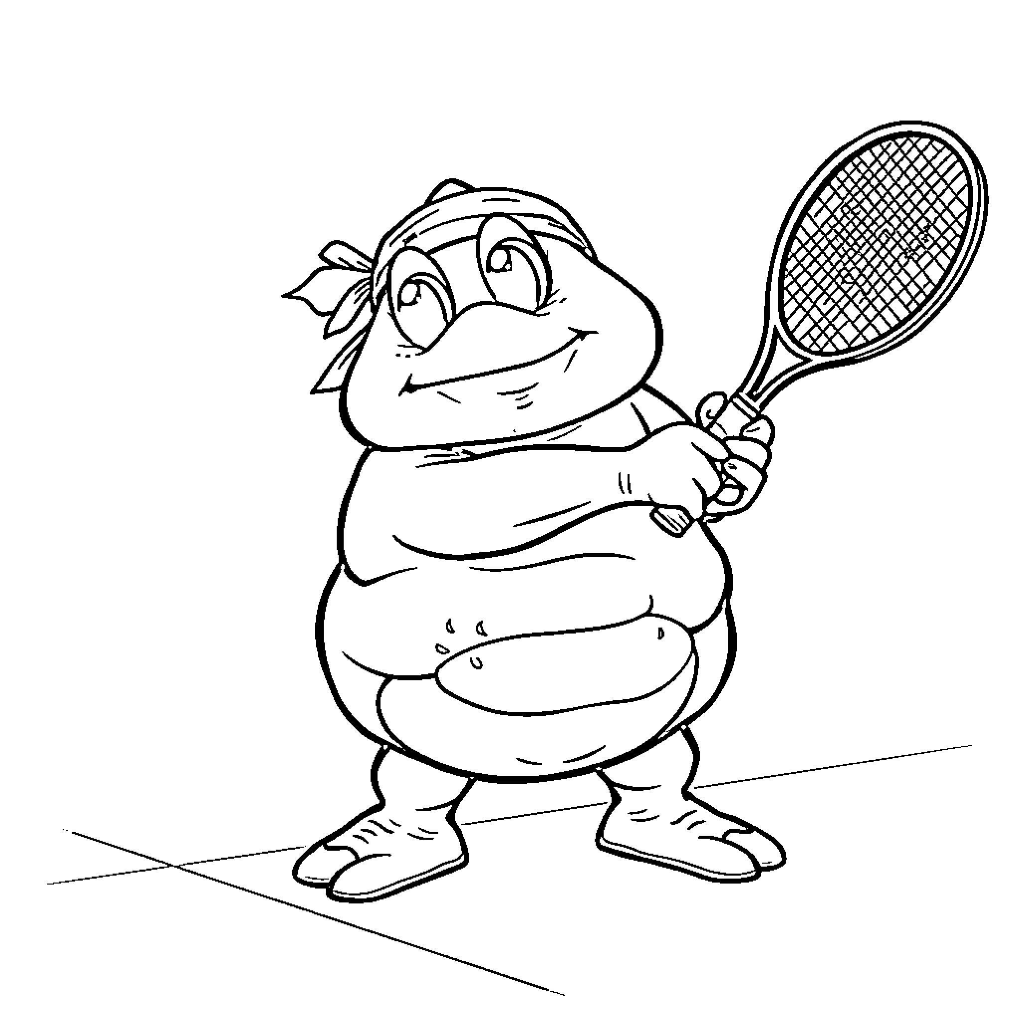 Turd Enjoying a Game of Tennis Coloring Page (free black-and-white line drawing printable PDF for all, from beginners to advanced learners, including children, teens, adults, and seniors)
