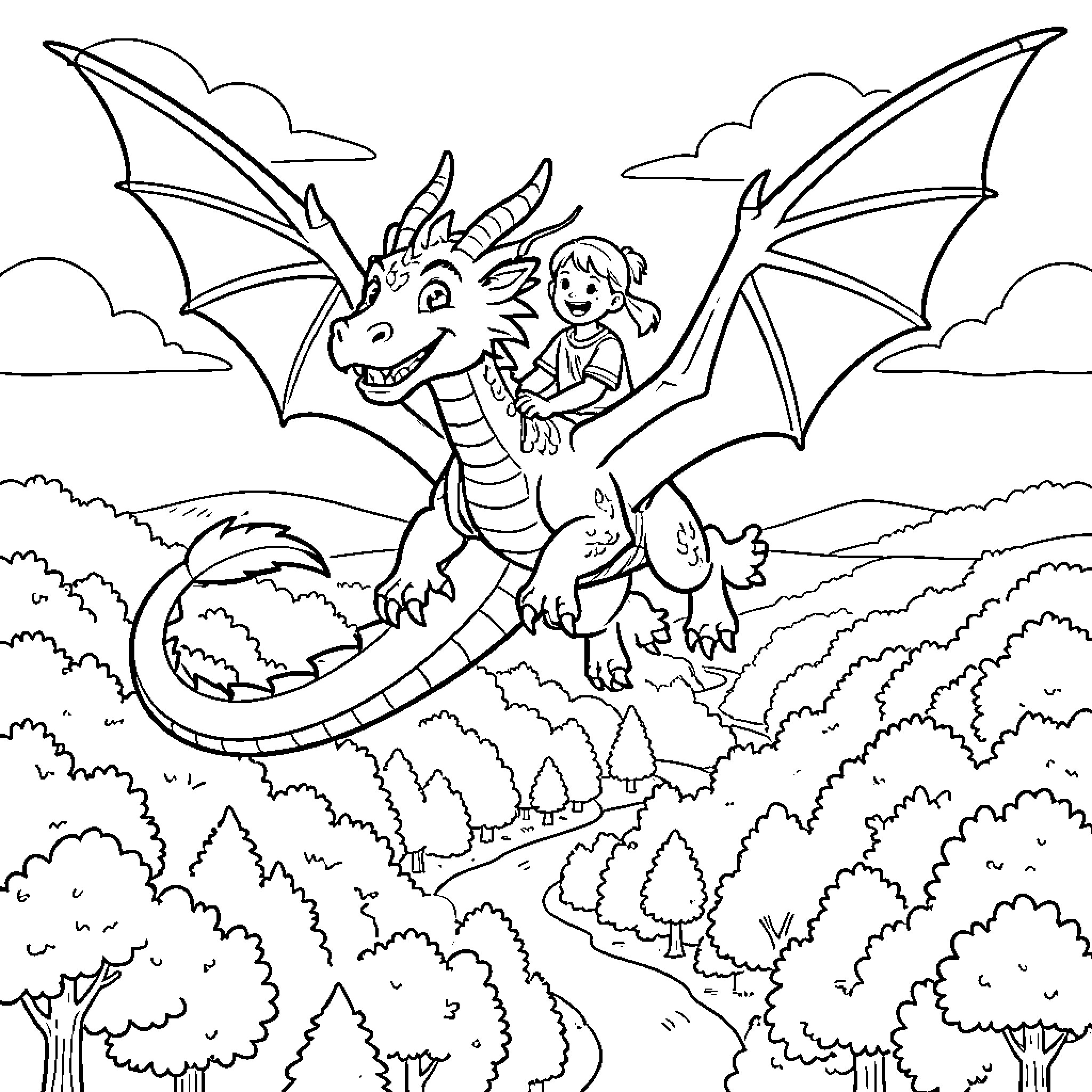 Dragon and child soaring through the sky Coloring Page (free black-and-white line drawing printable PDF for all, from beginners to advanced learners, including children, teens, adults, and seniors)