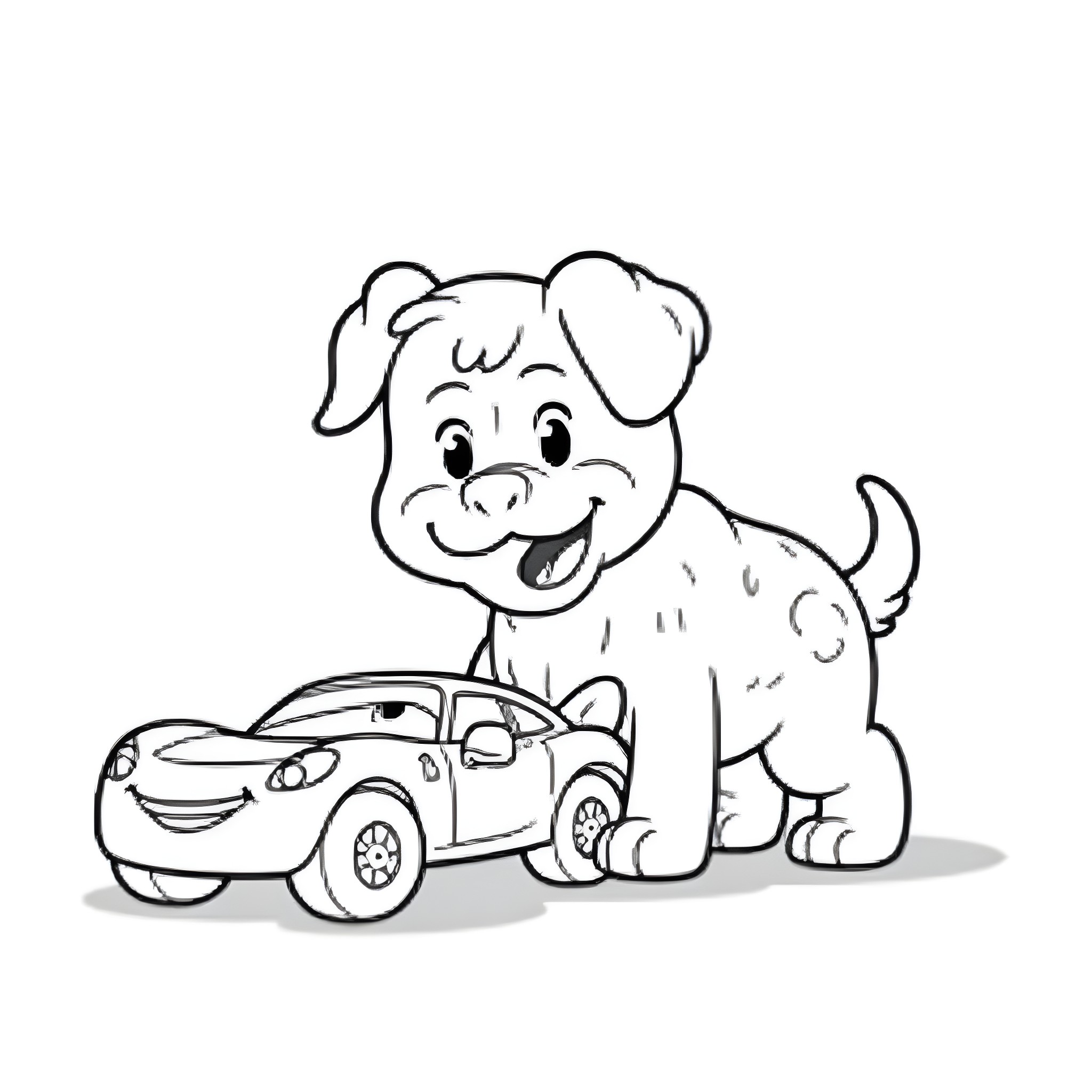 Bluey's Playful Puppy Pal and Toy Car Coloring Page (free black-and-white line drawing printable PDF for all, from beginners to advanced learners, including children, teens, adults, and seniors)