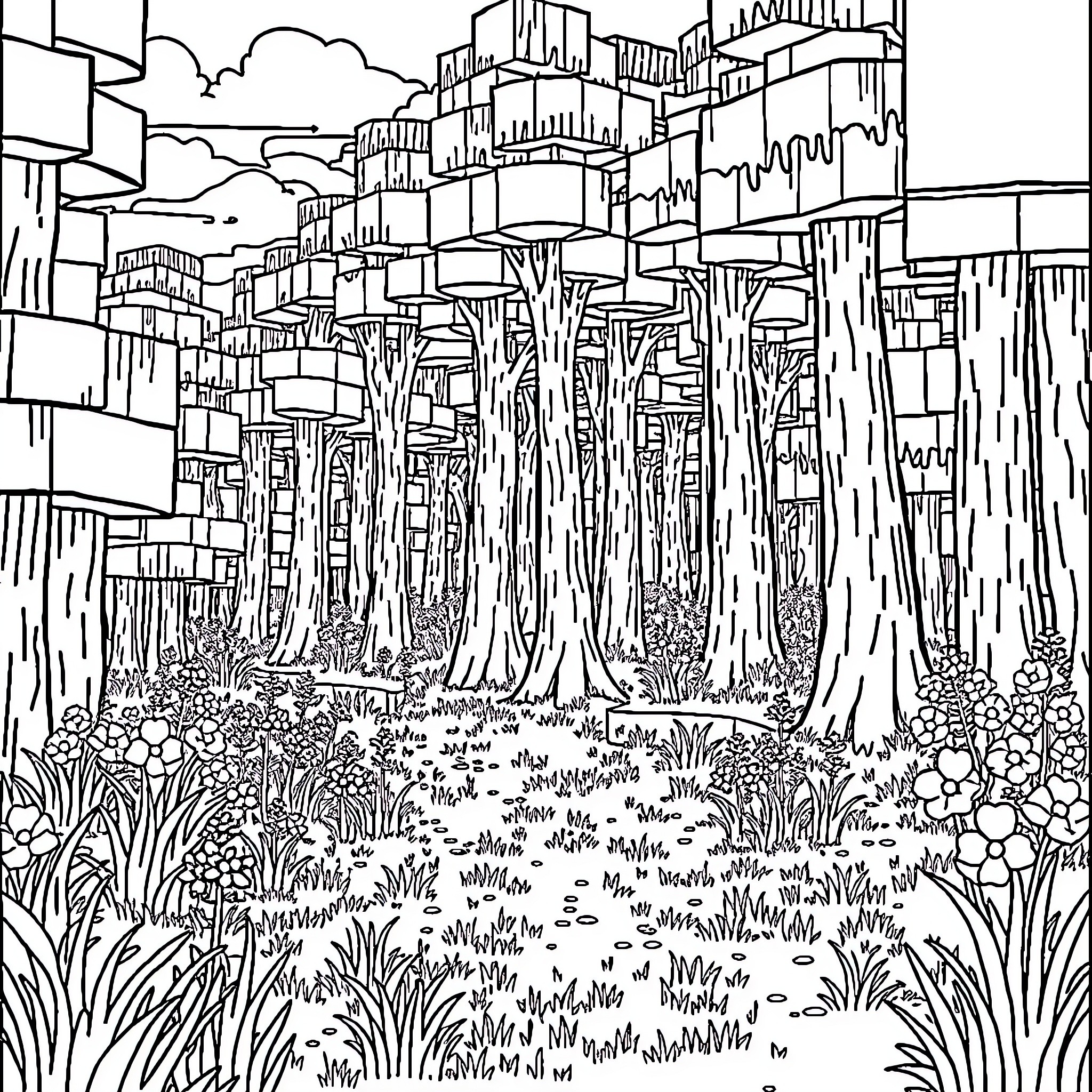 Minecraft Enchanted Forest with Towering Trees Coloring Page (free black-and-white line drawing printable PDF for all, from beginners to advanced learners, including children, teens, adults, and seniors)