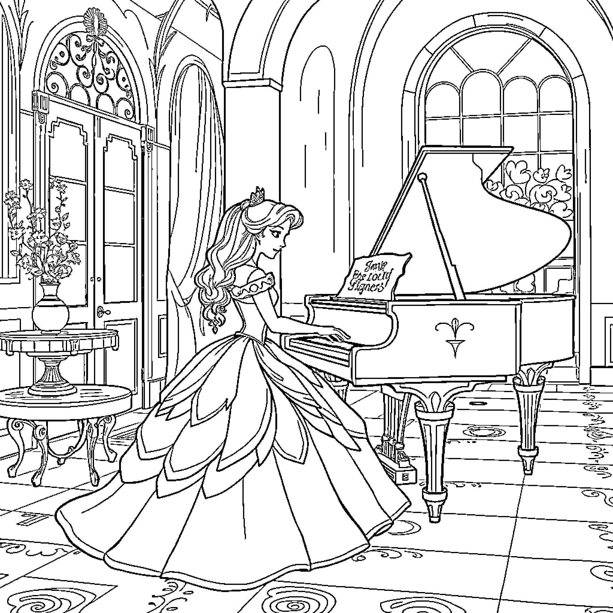 Princess Playing Piano in Ornate Room Coloring Page (free black-and-white line drawing printable PDF for all, from beginners to advanced learners, including children, teens, adults, and seniors)