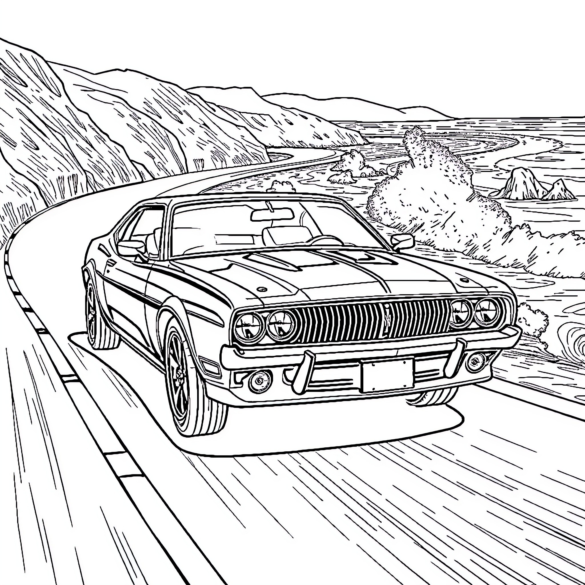 Cougar muscle car racing through scenic mountain highway Coloring Page (free black-and-white line drawing printable PDF for all, from beginners to advanced learners, including children, teens, adults, and seniors)