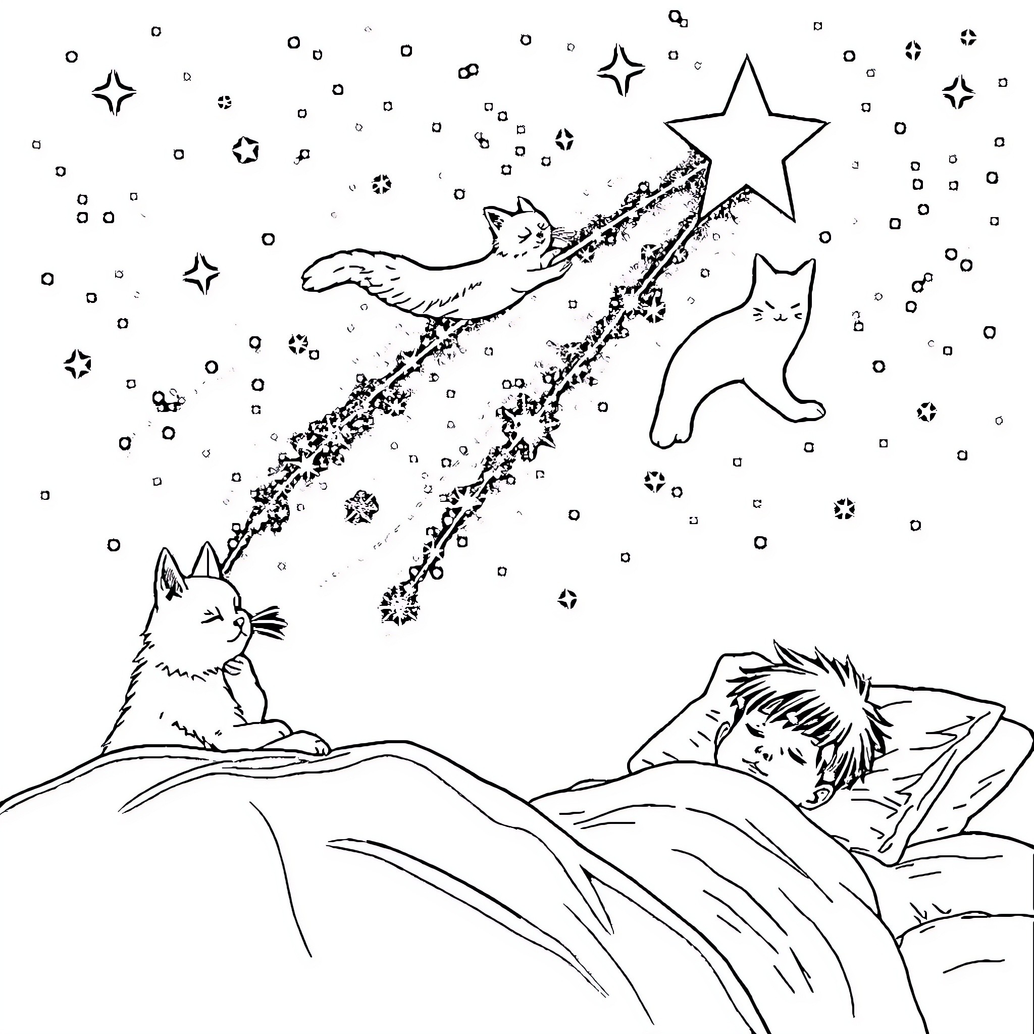 Cats observing a shooting star in the night sky Coloring Page (free black-and-white line drawing printable PDF for all, from beginners to advanced learners, including children, teens, adults, and seniors)