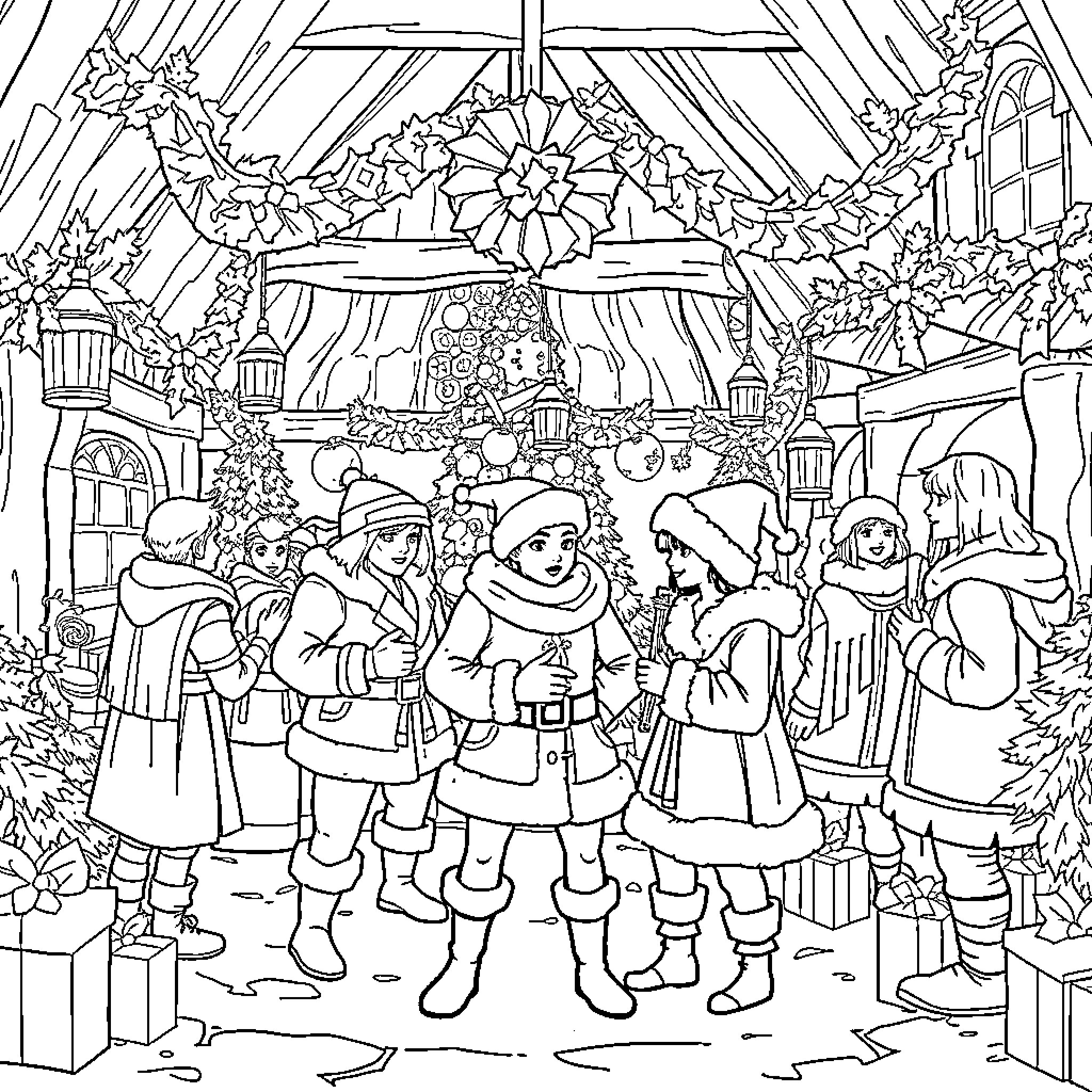 Christmas Celebration with Festive Decorations and Friends Coloring Page (free black-and-white line drawing printable PDF for all, from beginners to advanced learners, including children, teens, adults, and seniors)