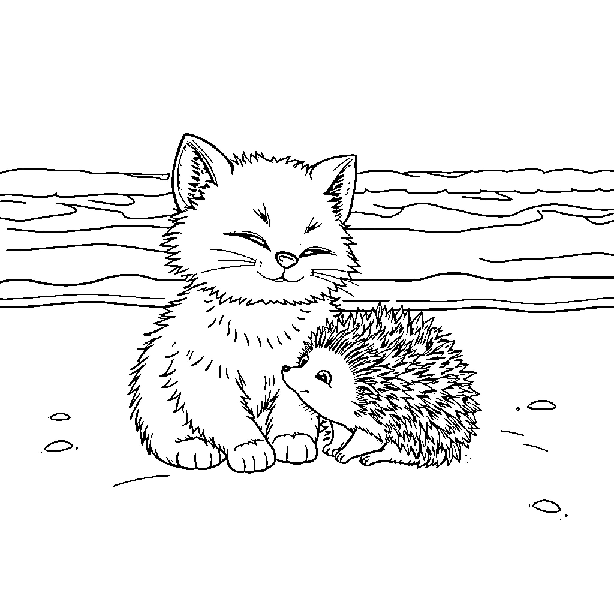 Cat and Hedgehog Enjoying Nature Coloring Page (free black-and-white line drawing printable PDF for all, from beginners to advanced learners, including children, teens, adults, and seniors)