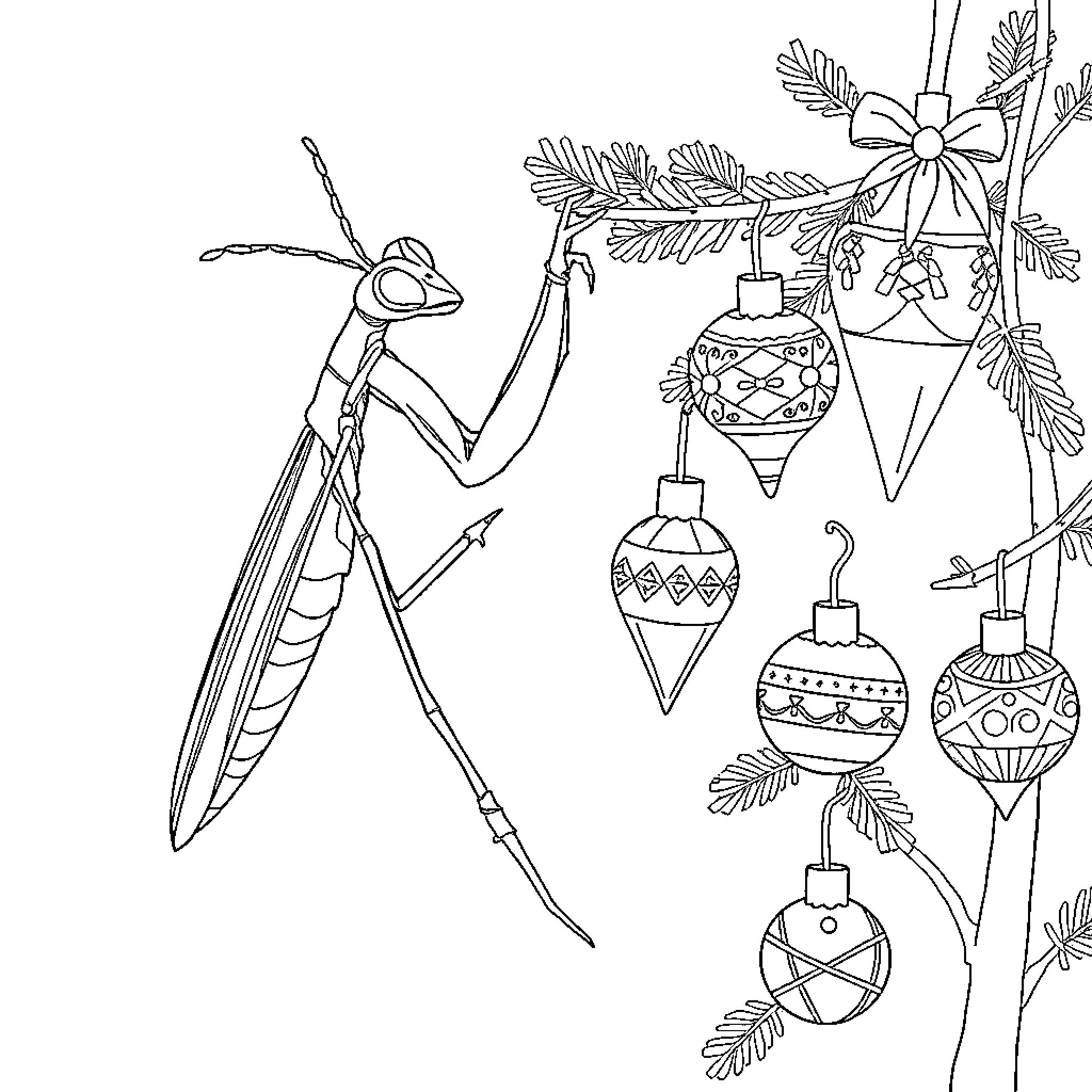 Praying Mantis adorning Christmas tree ornaments Coloring Page (free black-and-white line drawing printable PDF for all, from beginners to advanced learners, including children, teens, adults, and seniors)