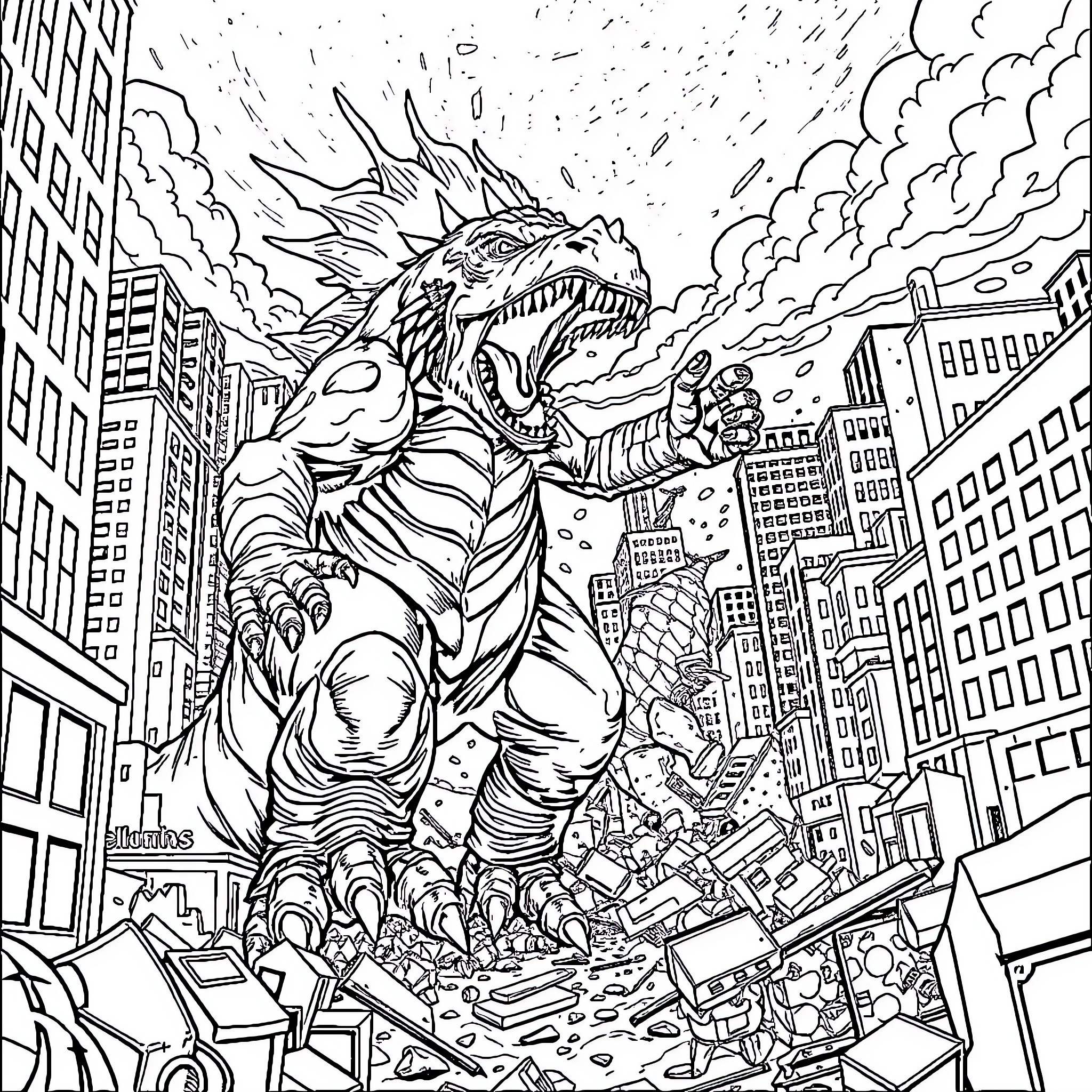 Monster Rampaging Through the City Coloring Page (free black-and-white line drawing printable PDF for all, from beginners to advanced learners, including children, teens, adults, and seniors)