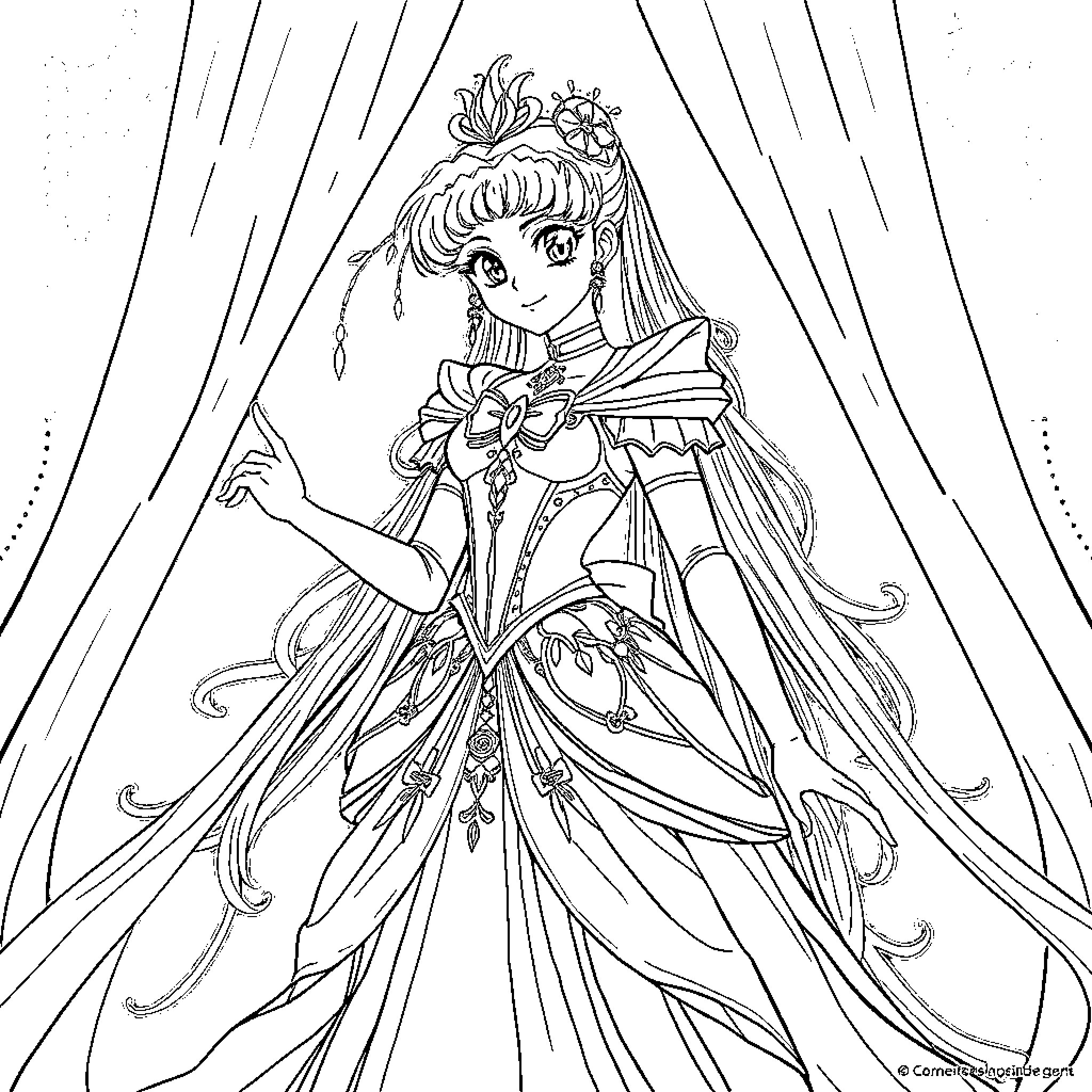 Usagi Tsukino in an elegant princess-like dress Coloring Page (free black-and-white line drawing printable PDF for all, from beginners to advanced learners, including children, teens, adults, and seniors)
