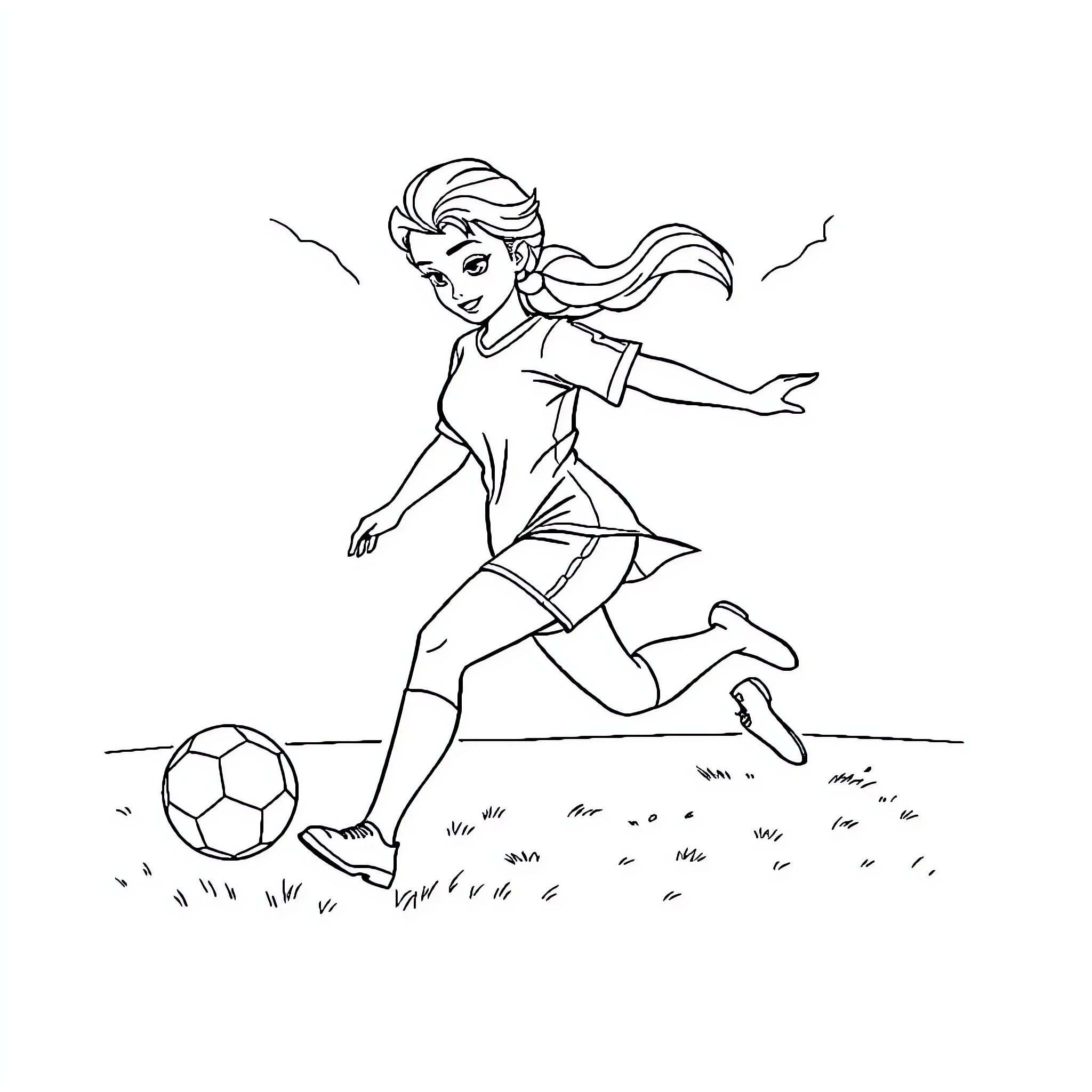 Elsa enjoying a soccer game outdoors Coloring Page (free black-and-white line drawing printable PDF for all, from beginners to advanced learners, including children, teens, adults, and seniors)