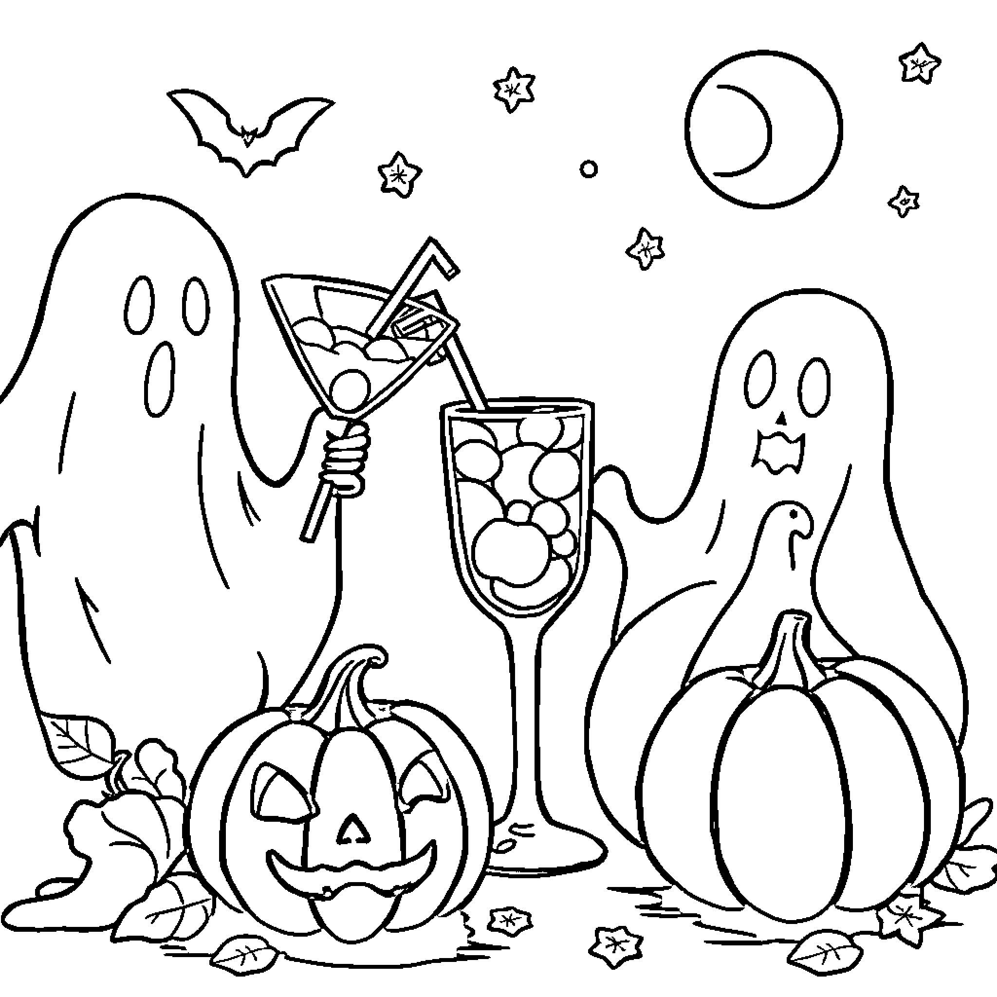 Gin's Spooky Halloween Celebration Coloring Page (free black-and-white line drawing printable PDF for all, from beginners to advanced learners, including children, teens, adults, and seniors)