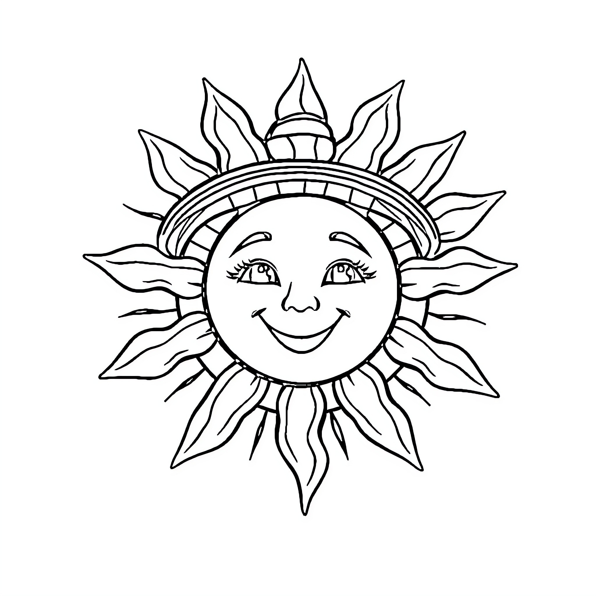 Sun with a Smiling Face Coloring Page (free black-and-white line drawing printable PDF for all, from beginners to advanced learners, including children, teens, adults, and seniors)
