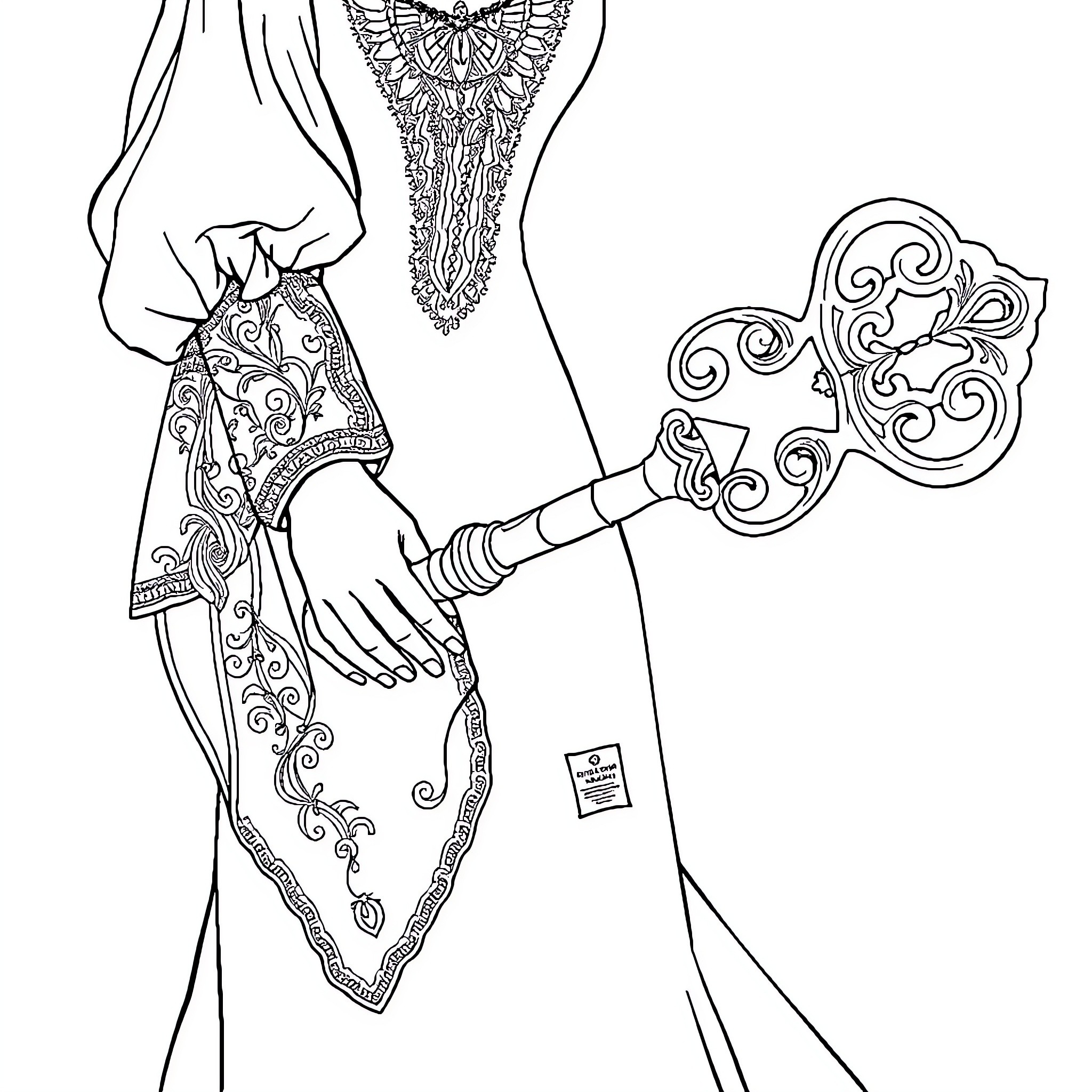 Woman in ornate medieval dress holding key Coloring Page (free black-and-white line drawing printable PDF for all, from beginners to advanced learners, including children, teens, adults, and seniors)