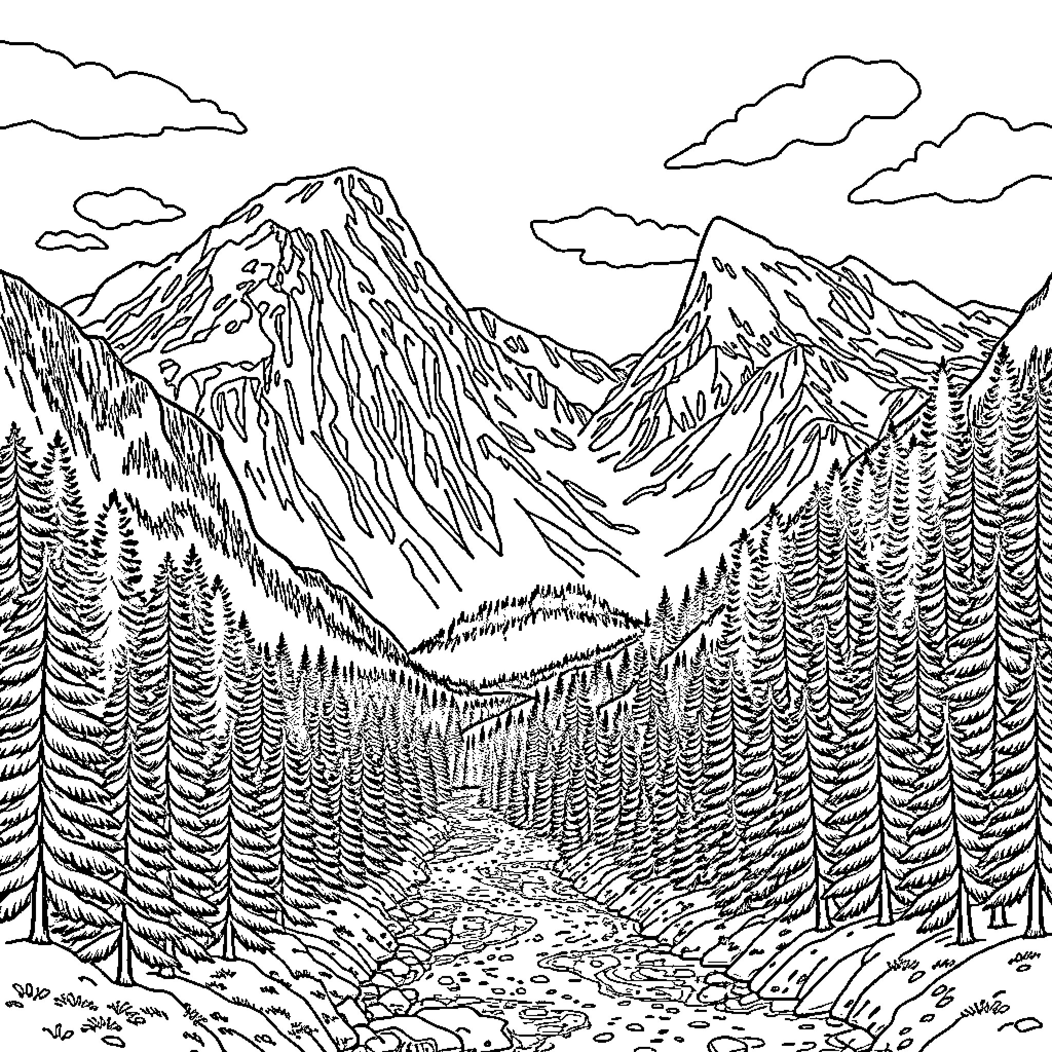 Mountain Landscape with Hiking Trail and Evergreen Trees Coloring Page (free black-and-white line drawing printable PDF for all, from beginners to advanced learners, including children, teens, adults, and seniors)