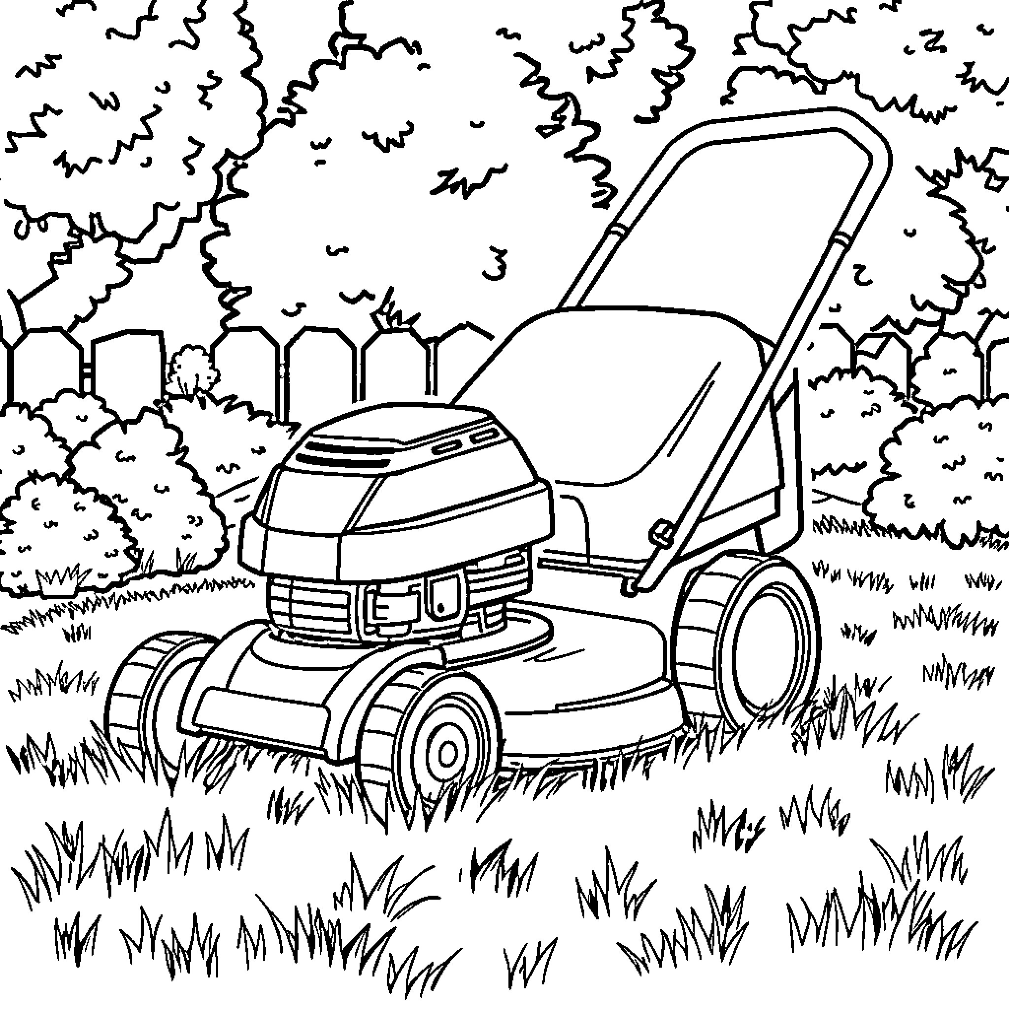Lawn Mower mowing the grassy yard Coloring Page (free black-and-white line drawing printable PDF for all, from beginners to advanced learners, including children, teens, adults, and seniors)