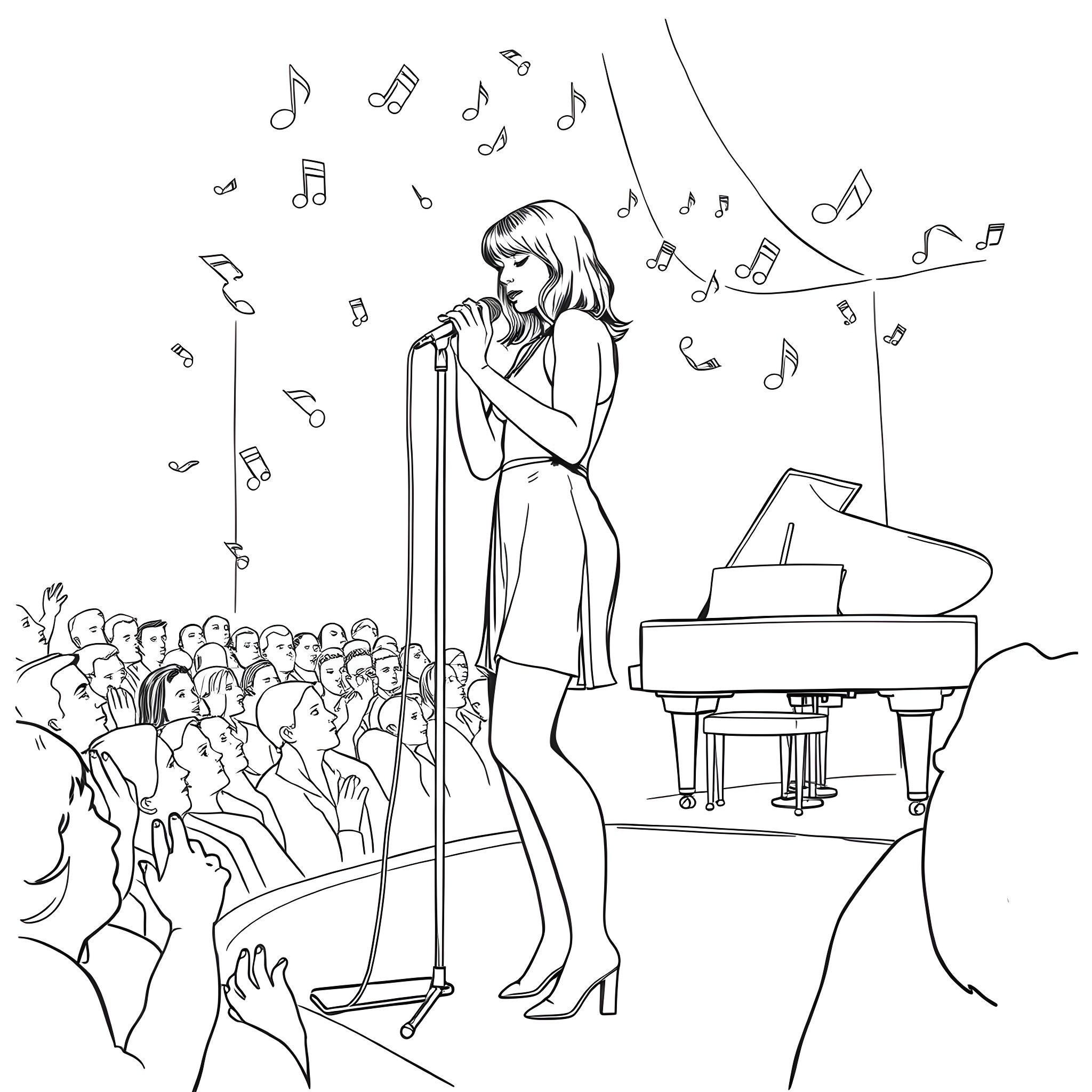 Taylor Swift captivating the audience with her music performance Coloring Page (free black-and-white line drawing printable PDF for all, from beginners to advanced learners, including children, teens, adults, and seniors)
