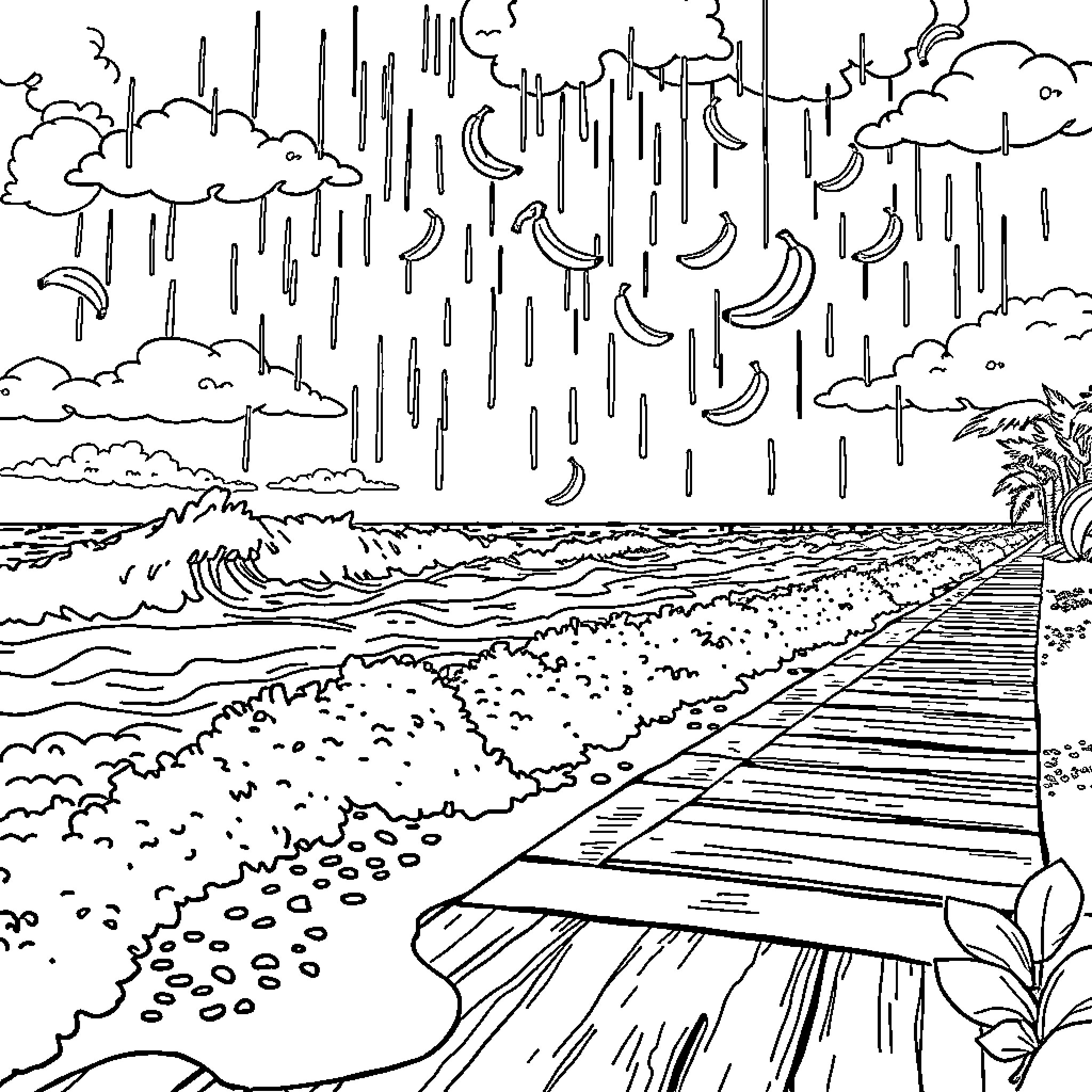 Ocean Storm with Raging Downpour and Waves Coloring Page (free black-and-white line drawing printable PDF for all, from beginners to advanced learners, including children, teens, adults, and seniors)