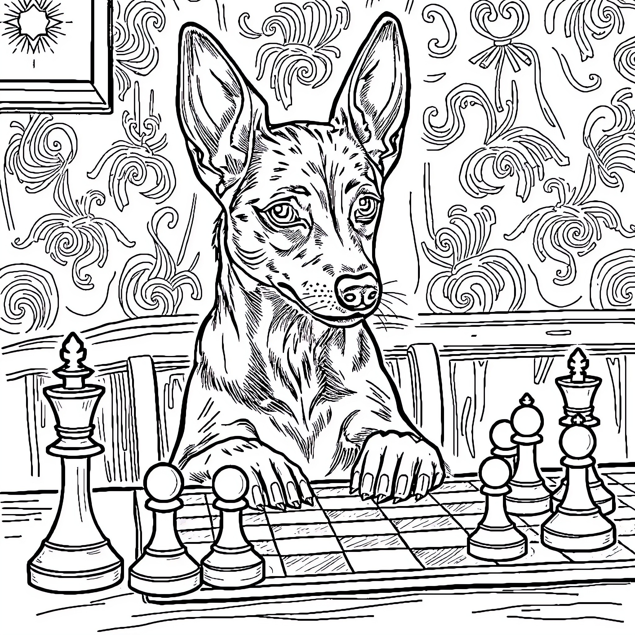 Xoloitzcuintli playing chess with chess pieces Coloring Page (free black-and-white line drawing printable PDF for all, from beginners to advanced learners, including children, teens, adults, and seniors)