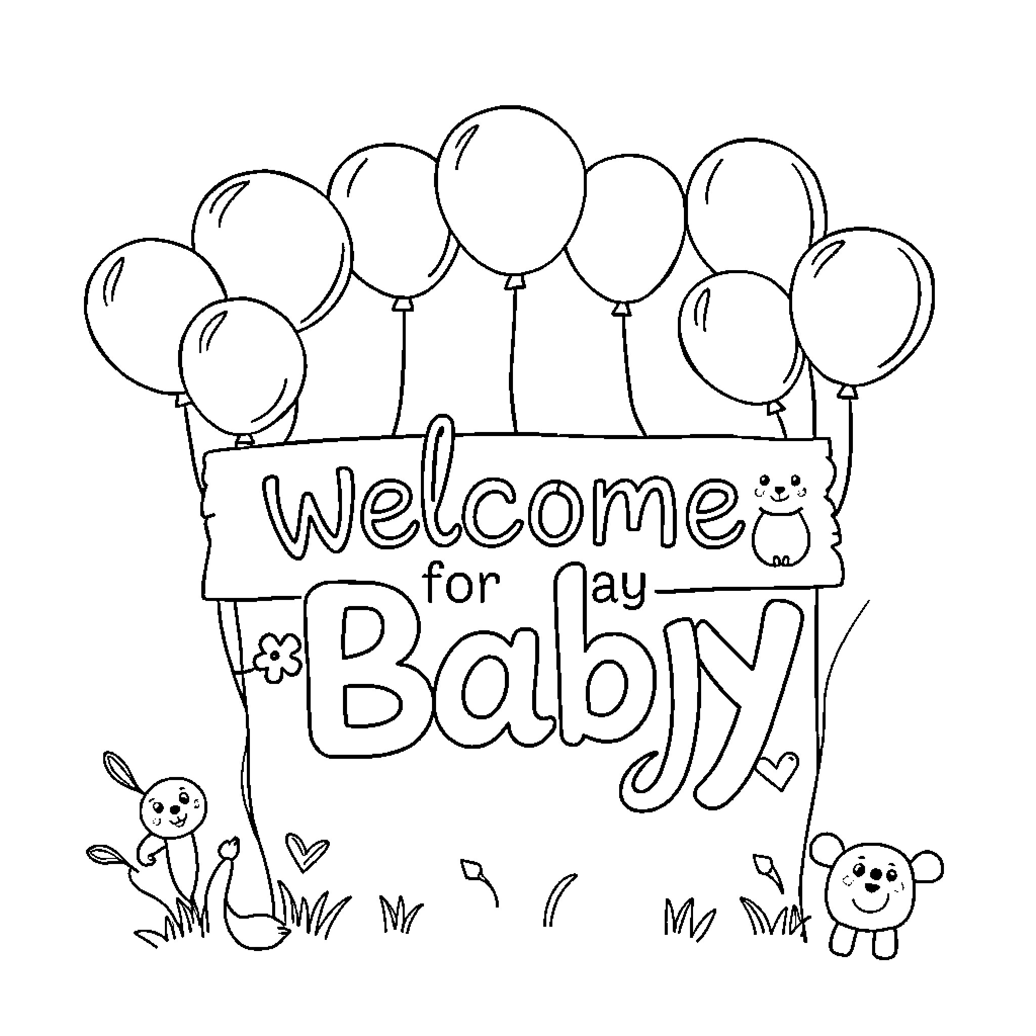 Baby welcomed with colorful balloons and animals Coloring Page (free black-and-white line drawing printable PDF for all, from beginners to advanced learners, including children, teens, adults, and seniors)