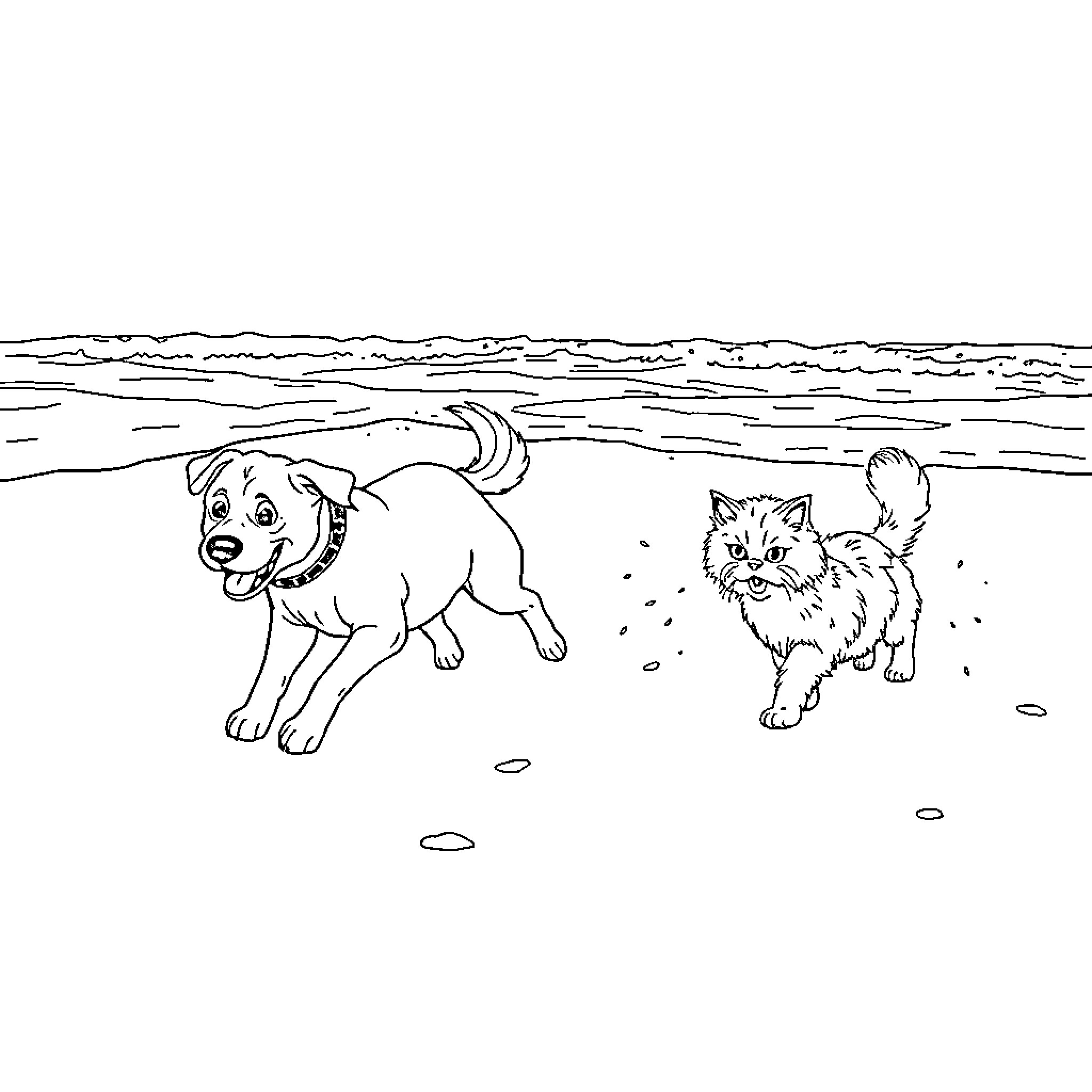 Dog and cat playing on the beach Coloring Page (free black-and-white line drawing printable PDF for all, from beginners to advanced learners, including children, teens, adults, and seniors)