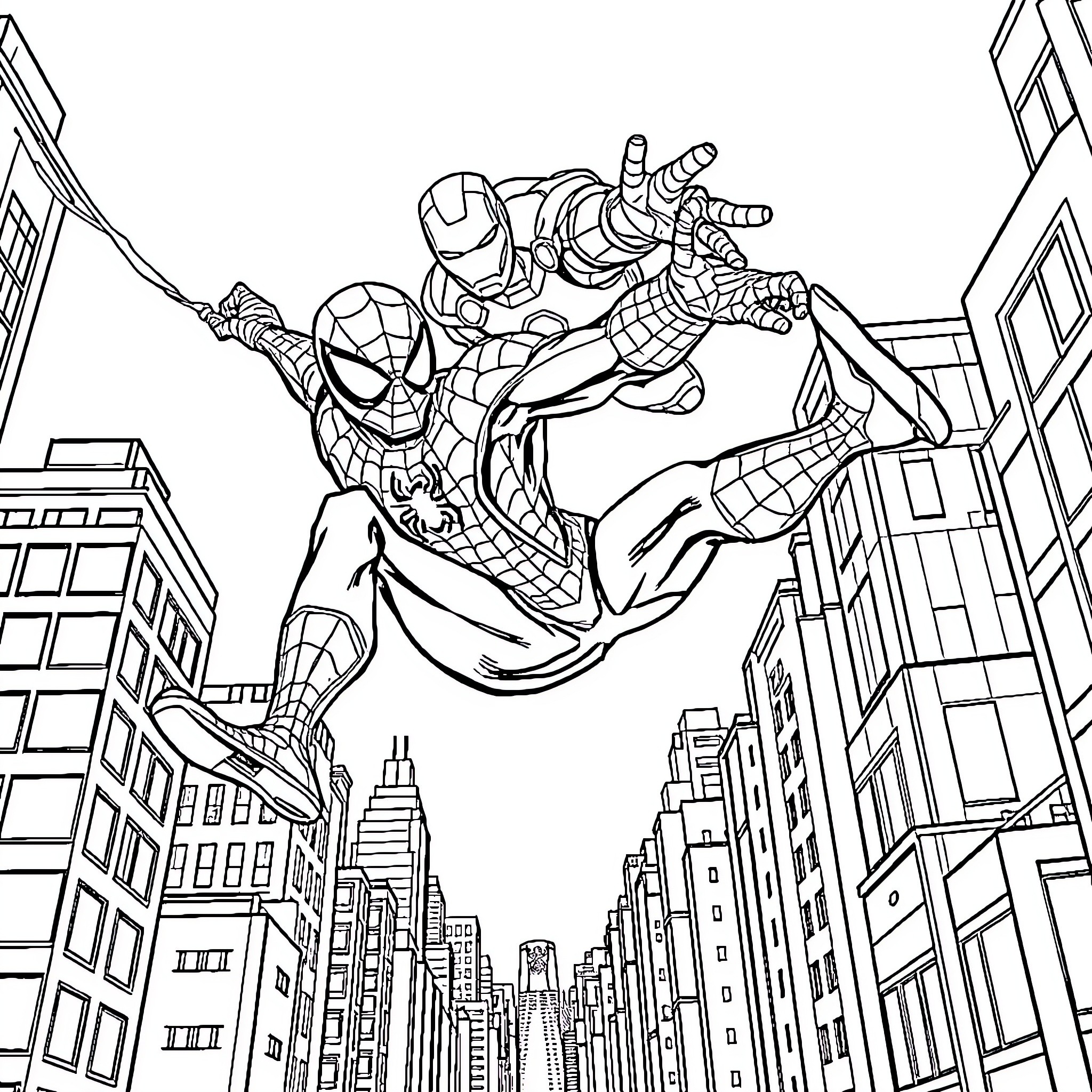 Spiderman swinging through the city with Iron Man Coloring Page (free black-and-white line drawing printable PDF for all, from beginners to advanced learners, including children, teens, adults, and seniors)