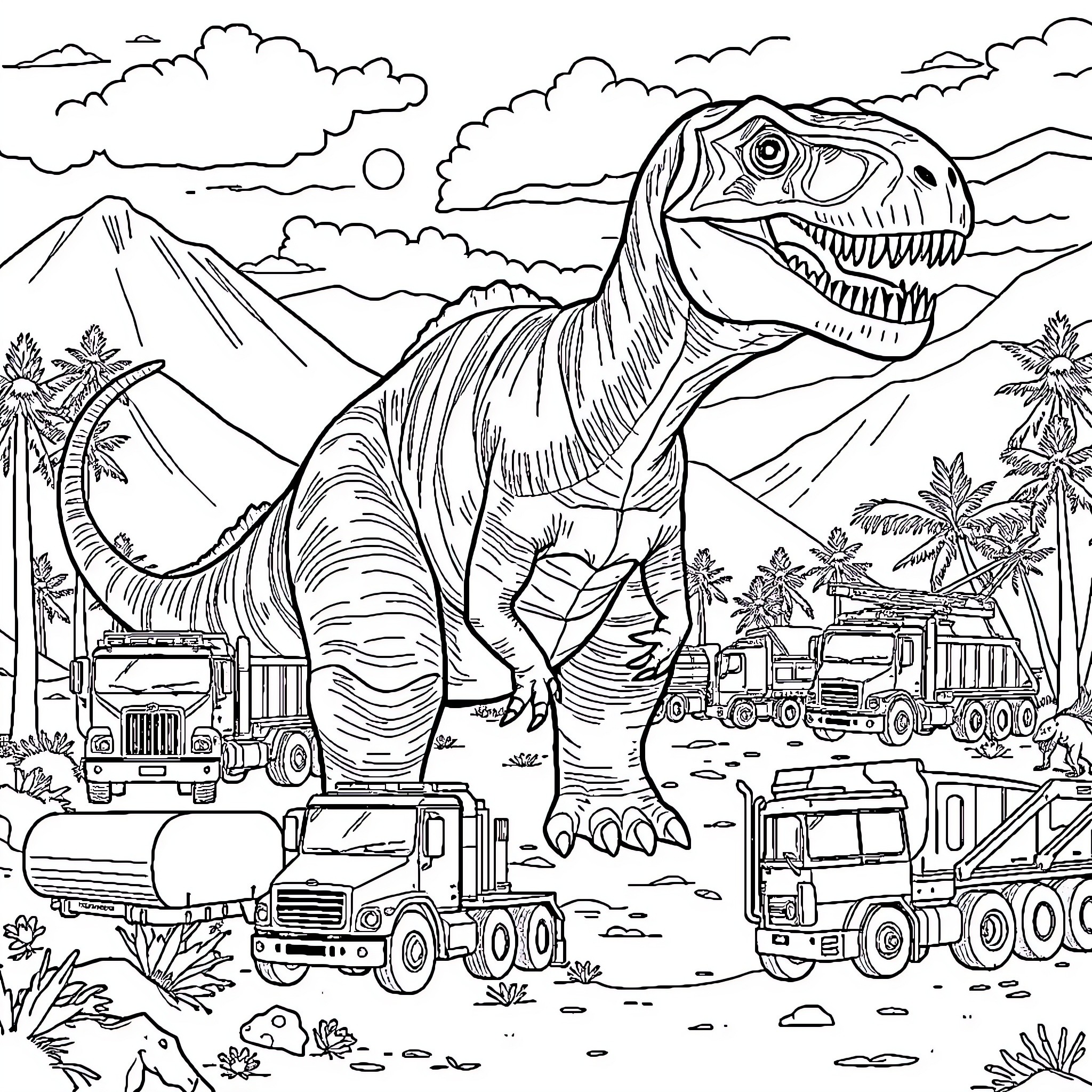 Dinosaur stomping through a jungle landscape Coloring Page (free black-and-white line drawing printable PDF for all, from beginners to advanced learners, including children, teens, adults, and seniors)