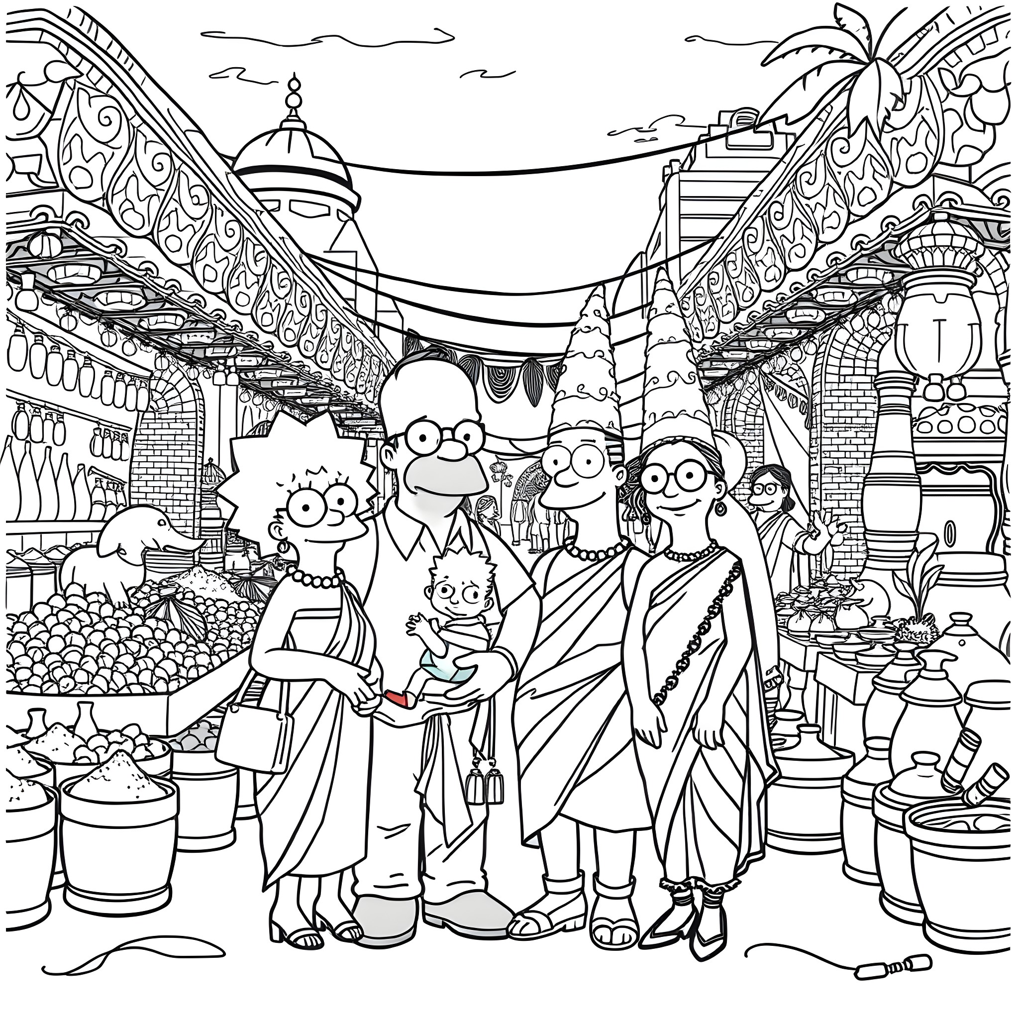 The Simpsons Family Exploring Vibrant Marketplace Coloring Page (free black-and-white line drawing printable PDF for all, from beginners to advanced learners, including children, teens, adults, and seniors)