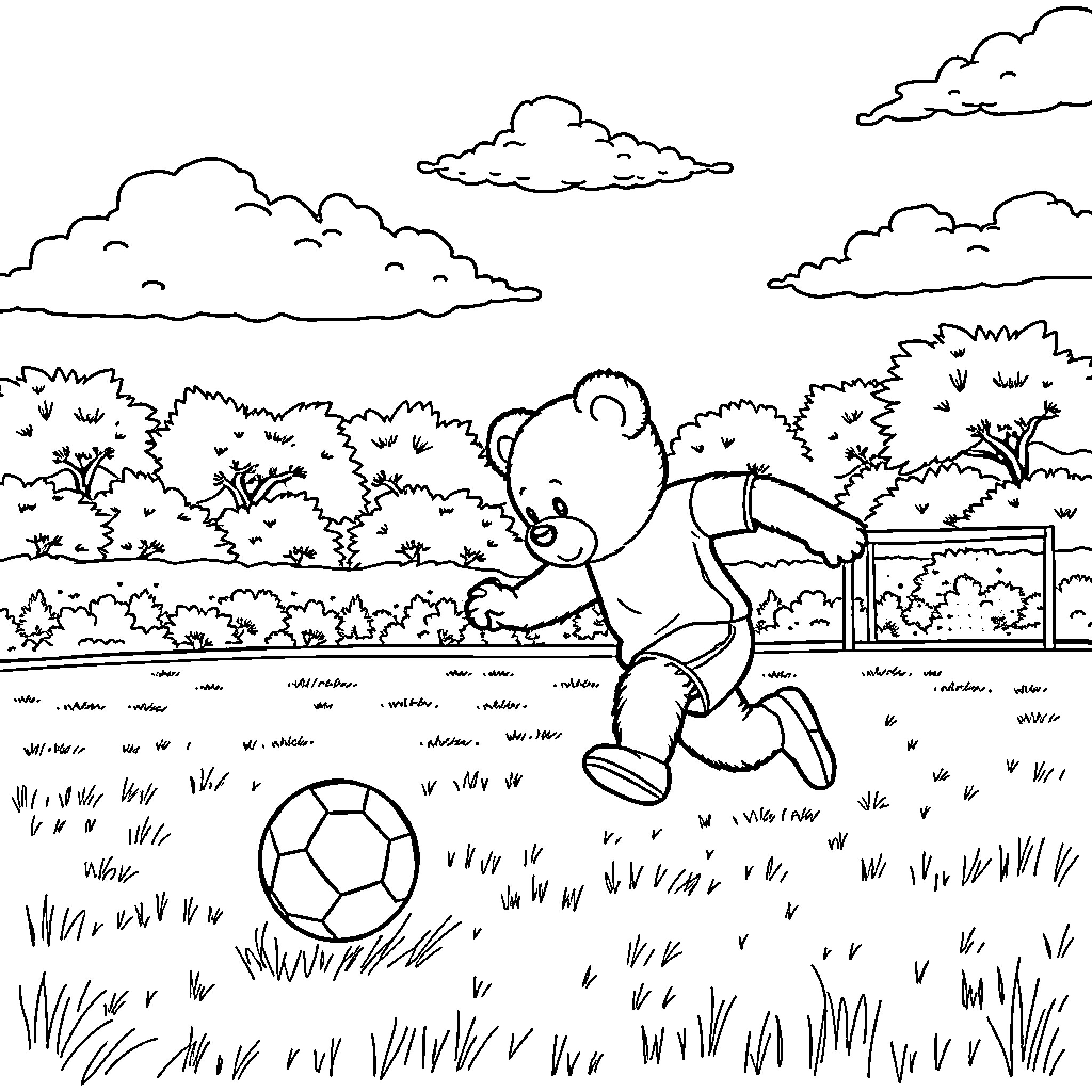 Teddy bears playing with soccer ball outdoors Coloring Page (free black-and-white line drawing printable PDF for all, from beginners to advanced learners, including children, teens, adults, and seniors)
