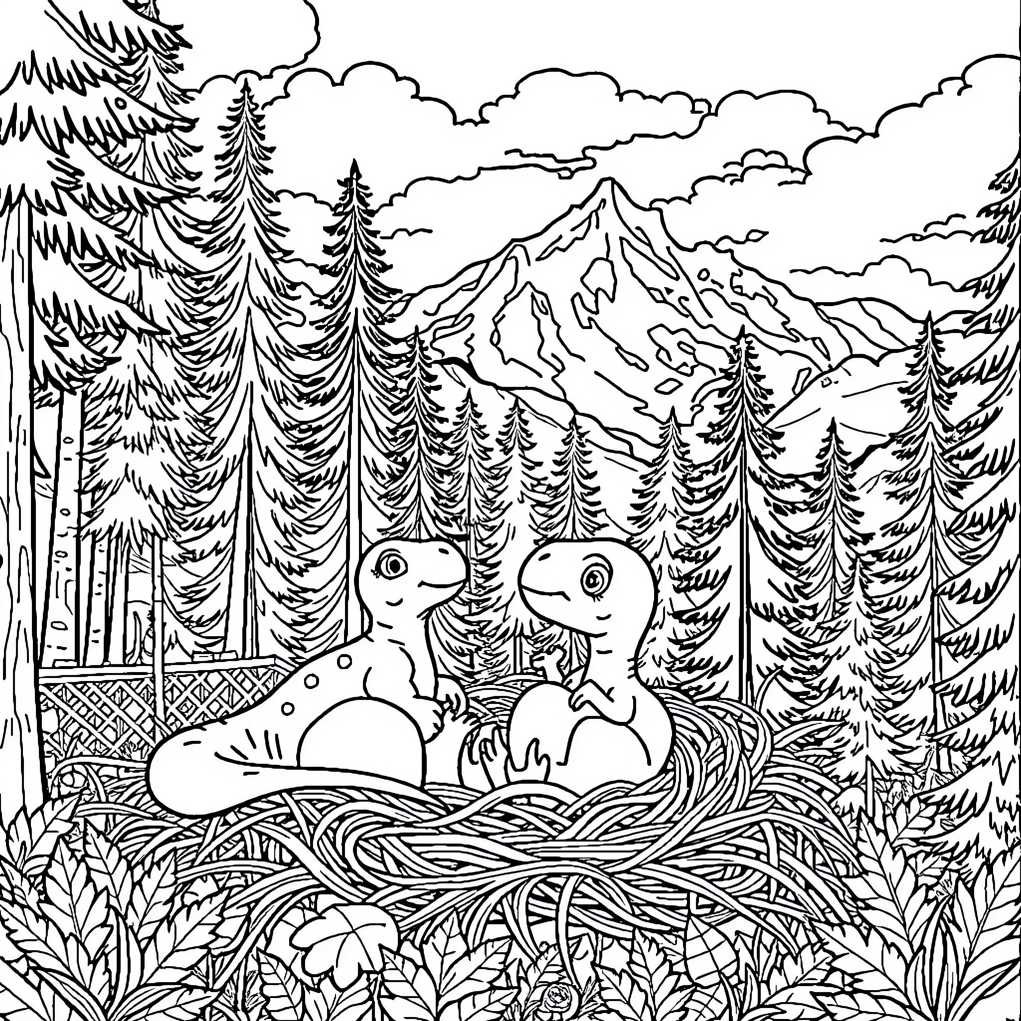 Dinosaur friends exploring a snowy mountain landscape Coloring Page (free black-and-white line drawing printable PDF for all, from beginners to advanced learners, including children, teens, adults, and seniors)