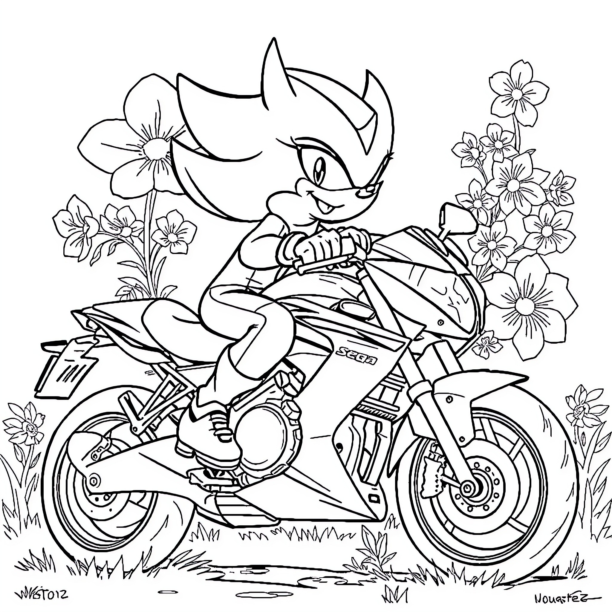 Shadow of an animal riding a motorcycle among flowers Coloring Page (free black-and-white line drawing printable PDF for all, from beginners to advanced learners, including children, teens, adults, and seniors)