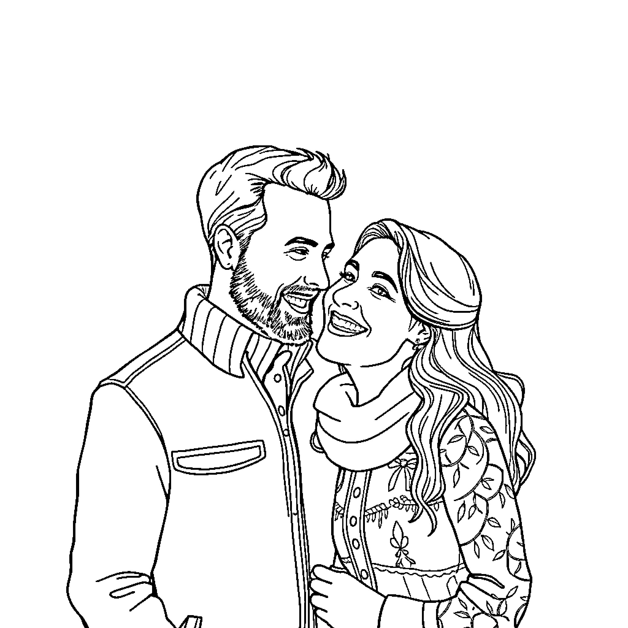 Couple embracing affectionately in casual attire Coloring Page (free black-and-white line drawing printable PDF for all, from beginners to advanced learners, including children, teens, adults, and seniors)