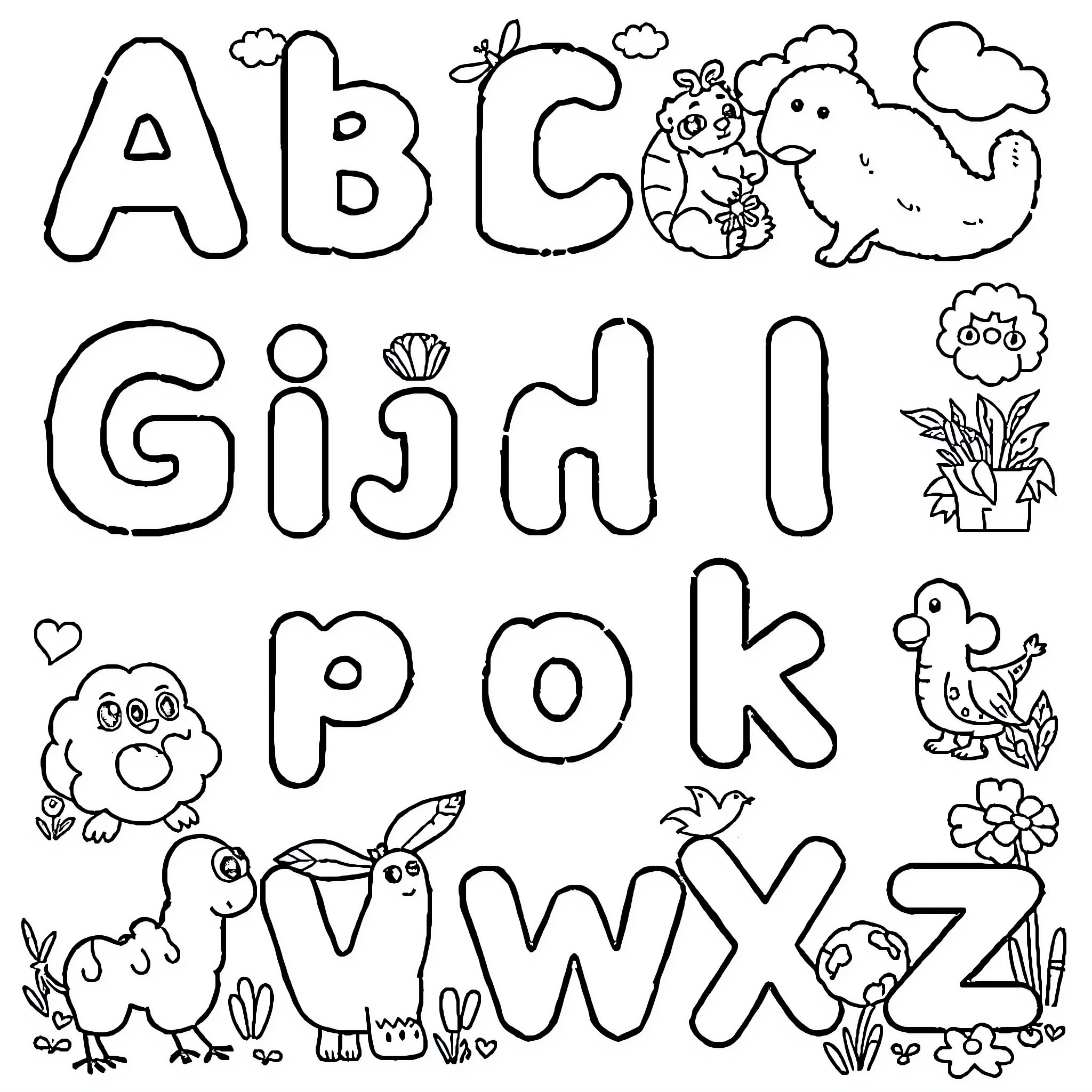 ABC Doodle Animals and Letters Coloring Page (free black-and-white line drawing printable PDF for all, from beginners to advanced learners, including children, teens, adults, and seniors)