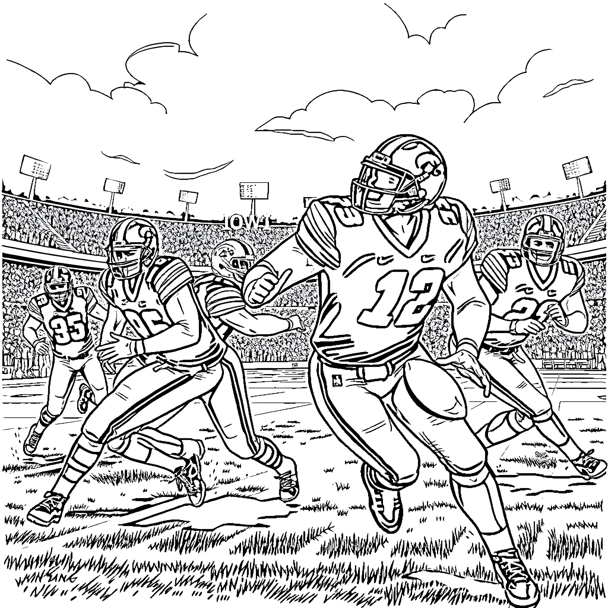 Hawkeye's Gridiron Clash: Intensity on the Football Field Coloring Page (free black-and-white line drawing printable PDF for all, from beginners to advanced learners, including children, teens, adults, and seniors)